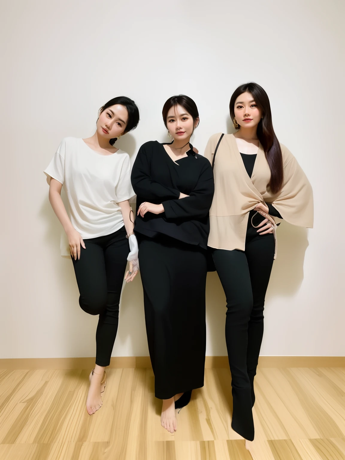 three women standing in a room with a wall and a wooden floor, 🤬 🤮 💕 🎀, in style of thawan duchanee, casual pose, with black, promotional photoshoot, photoshoot for skincare brand, photoshoot, old picture, fashion pose, wearing in black clothes, with professional makeup, with two characters, photo session