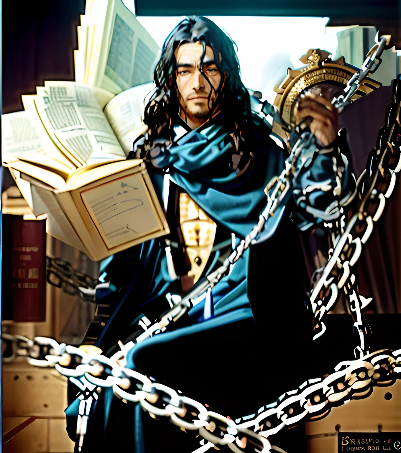 arafed man in a robe holding a book and chains, the the man is wrapped in chains, samurai man wrapped in chains, kaladin stormblessed, picture of a male cleric, casimir art, [[fantasy]], fanart, the samurai is wrapped in chains, black - haired mage, the librarian, wizard sits reading at a desk