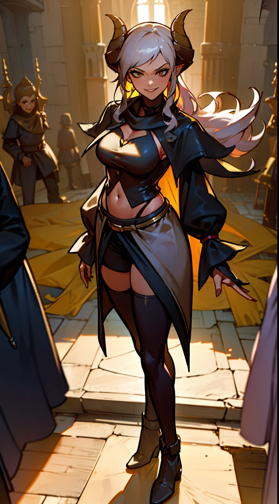 girl, tall,brown skin, hidden arms,long hair, white hair,curly hair, detailed pretty eyes, yellow eyes,(((villain, psycho,  villain smile, psychopath, ))), medium boobs, mid waist,show belly, medium thighs, gold armor,white outfit, long black stockings, detailed clothes, masterpiece, hyper realistic, high definition,black horns,black pantyhose,elves ears,yellow scarf,cape,(((standing inside of a castle)))