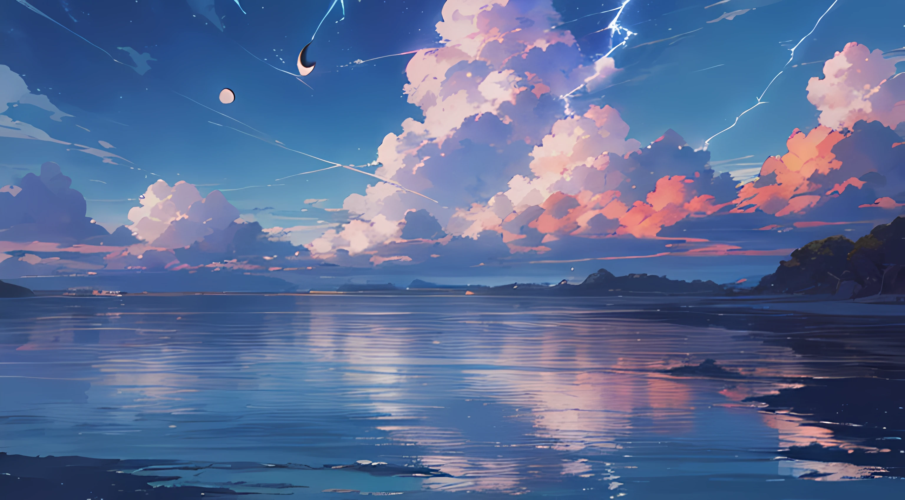 painting of a beach with a boat in the distance and clouds in the sky, blue sea. by makoto shinkai, makoto shinkai. —h 2160, style of makoto shinkai, detailed scenery —width 672, reflections. by makoto shinkai, in style of makoto shinkai, anime beautiful peace scene, (((nigh time, halfmoon, blue style, blue theme, blue Lightening)))