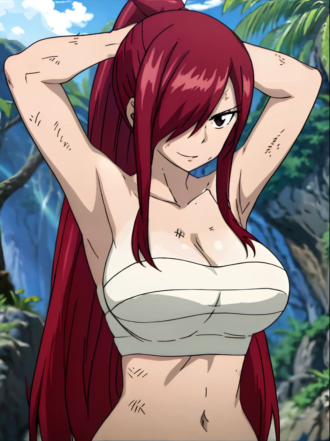 masterpiece, anime style, beach, best quality, highres, fairy tail, 1girl, long hair, ponytail, reddish hair, (bang cover one eye, one hidden eye, brown eye), large breasts, collarbone, midriff, black bikini, standing, outdoors, smile, open mouth, emo hair, thick arms, broad shoulders, mature woman, (tall), wide shoulders, long belly, armpit, strong arms, ultra detailed arms