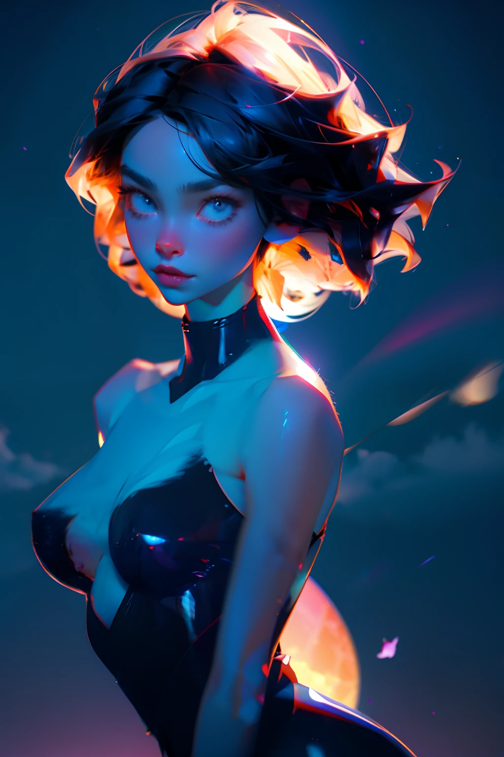 mystical cat girl, short black hair and blue eyes, athletic body, full moon at night, mystical floating lights