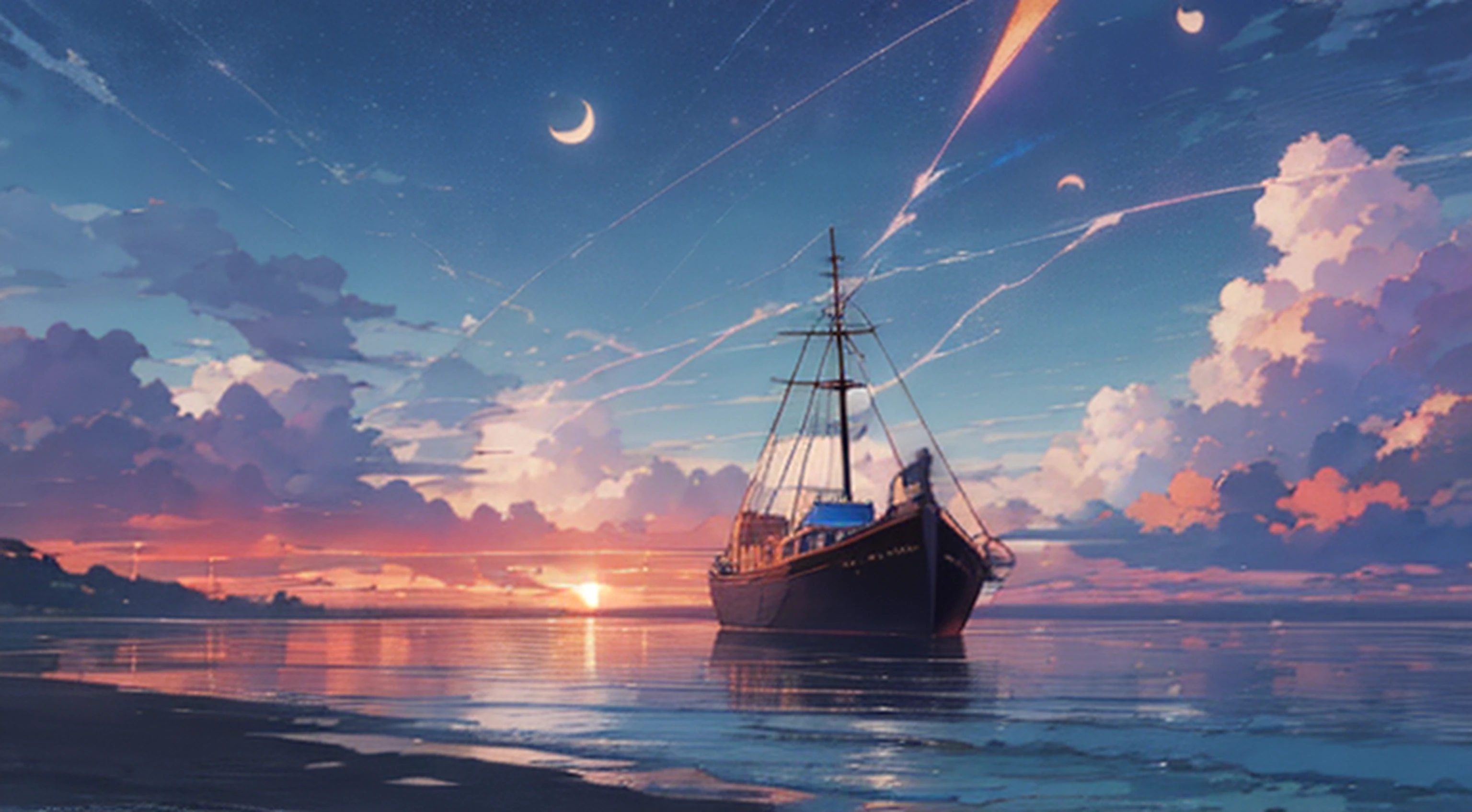 painting of a beach with a boat in the distance and clouds in the sky, blue sea. by makoto shinkai, makoto shinkai. —h 2160, style of makoto shinkai, detailed scenery —width 672, reflections. by makoto shinkai, in style of makoto shinkai, anime beautiful peace scene, (((nigh time, halfmoon, blue style, blue theme, blue Lightening)))