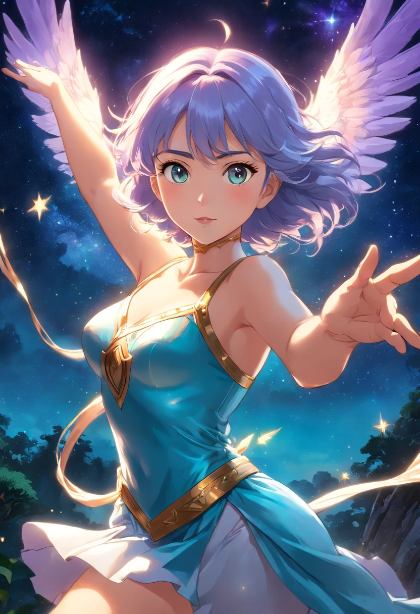 (melhor qualidade,4k,8k,Altas,master part:1.2),ultra-detalhado,(Realistic,fotorrealista,photo-realistic:1.37),Silver Amazon jumps into the air to unleash its attack, usa uma armadura de prata, longos cabelos azuis claros fluindo no ar, Gleaming cosmos coming out of hands, Noite, starly sky, estrelas brilhantes iluminando a cena, magical aura, Soft sparkles emanating from the Amazon, dynamic pose, salto no ar, conveying a sense of power and determination, cores vibrantes, armadura toda prateada detalhada e intrincada, estilo realista, Emphasis on the Amazon and its action. caucasiana. Olhos bonitos e detalhados, nariz, and lips, adding a touch of delicacy to your appearance, lighting highlighting the central figure, projetando sombras suaves ao seu redor. Olhos grandes, being a lilac and a turquoise. A armadura protege o corpo, as in Knights of the Zodiac.