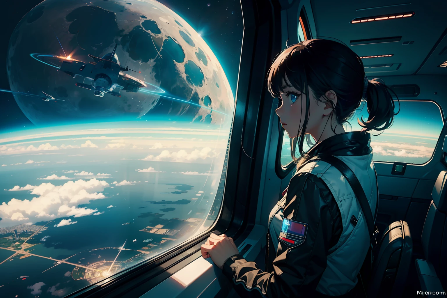 Masterpiece, girl, looking out the window, looking out, space city, technology city, futuristic city, flying cars, planets in the sky, giant moon,