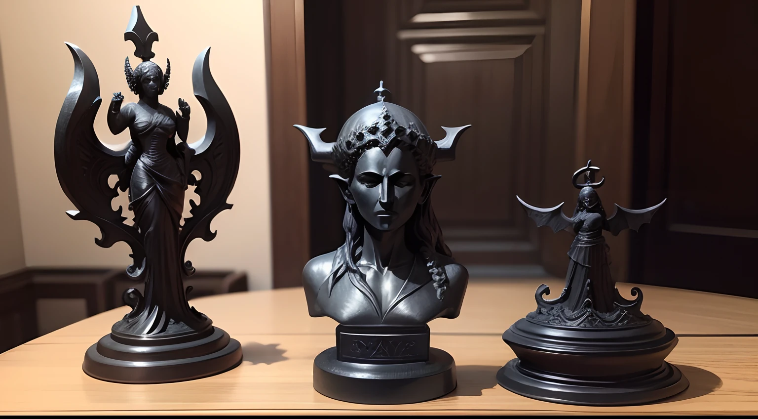 aterrador, horripilante, satanic black stone statue, em uma casa de madeira velha