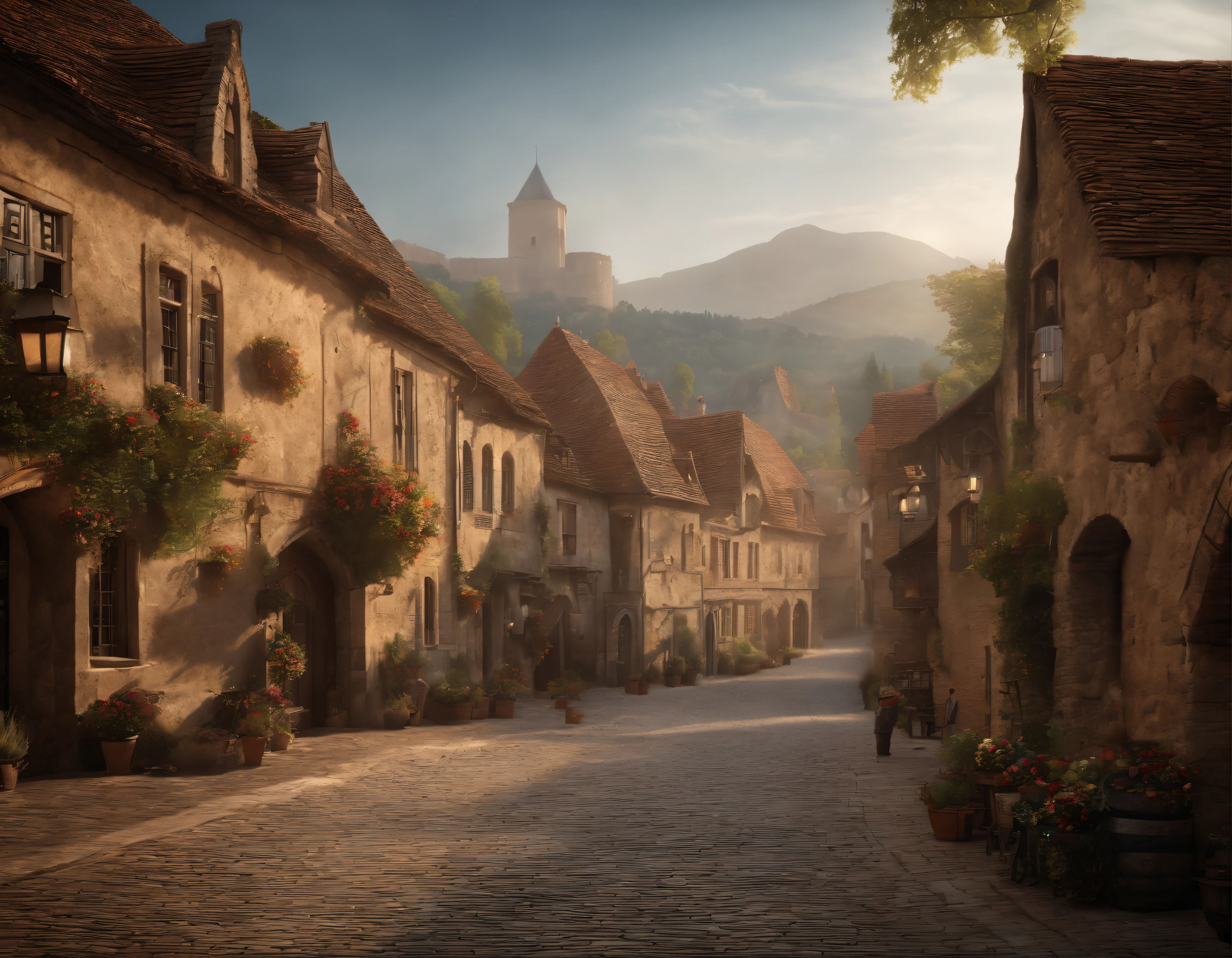 (best quality,4k,8k,highres,masterpiece:1.2),ultra-detailed,(realistic,photorealistic,photo-realistic:1.37),medium:oil painting,medieval town,old architecture,cobblestone streets,gabled roofs,narrow alleys,stone walls,historical landmarks,towers,arches,market square,church,cathedral,vibrant colors,soft lighting,morning mist,tavern,market stalls,horse-drawn carriages,bustling activity,people in medieval clothing,merchant,blacksmith,wandering minstrels,children playing,floral decorations,flags and banners,distant mountains,castle on a hill,peaceful atmosphere,historical ambiance,serene beauty,cultural heritage,sense of timelessness,tranquil scene.