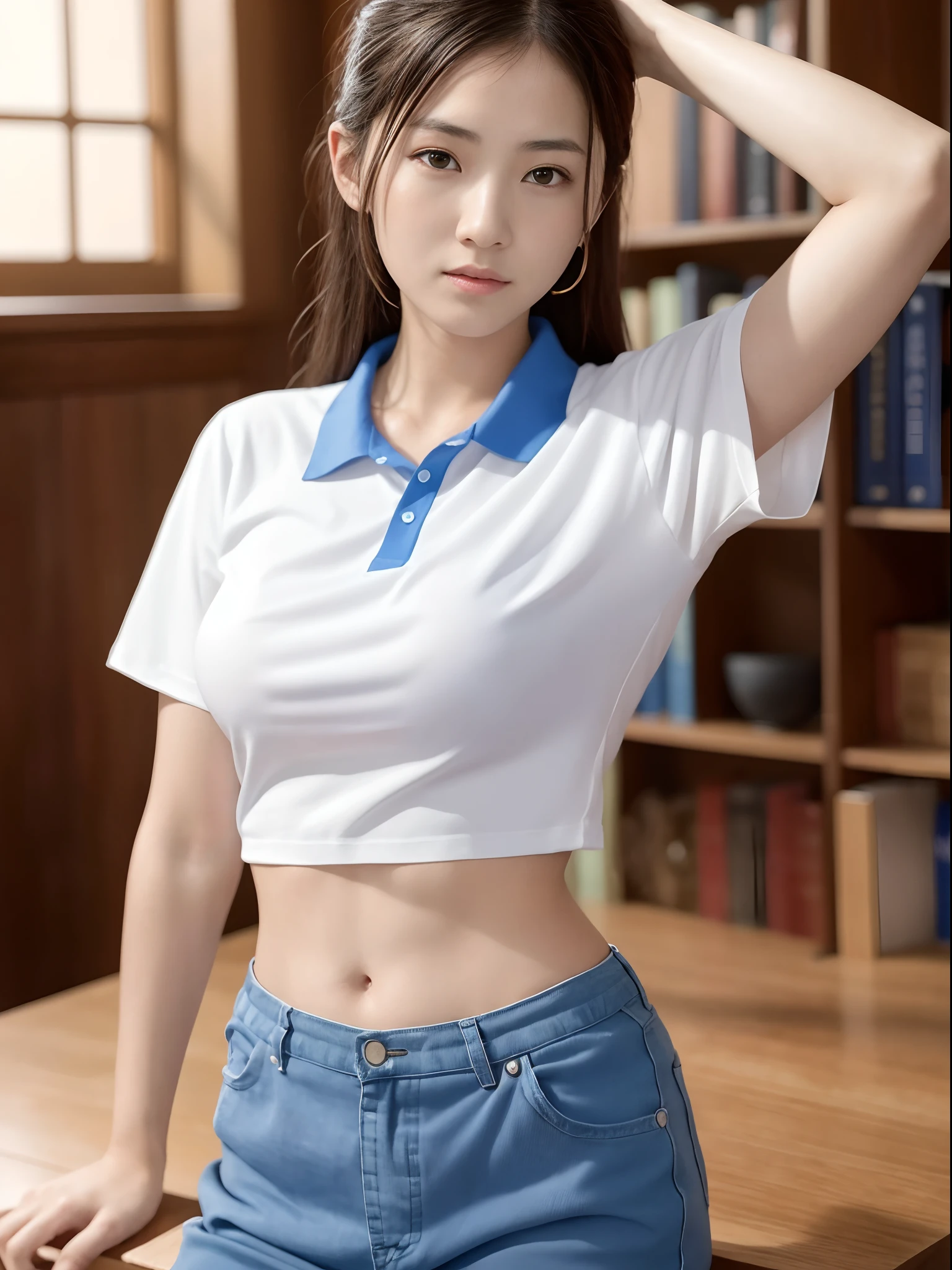 Best quality, Masterpiece, 超高分辨率, RAW photo, (Photorealistic:1.4), 1girll, Detailed face, Cowboy shot, In (White shirt with blue collar, Blue sport shorts),Large breasts,Unbuttoned clothes,cleavage,(Narrow waist:1.2), Long hair, In the library, Bokeh, Beautiful lighting, model posing,