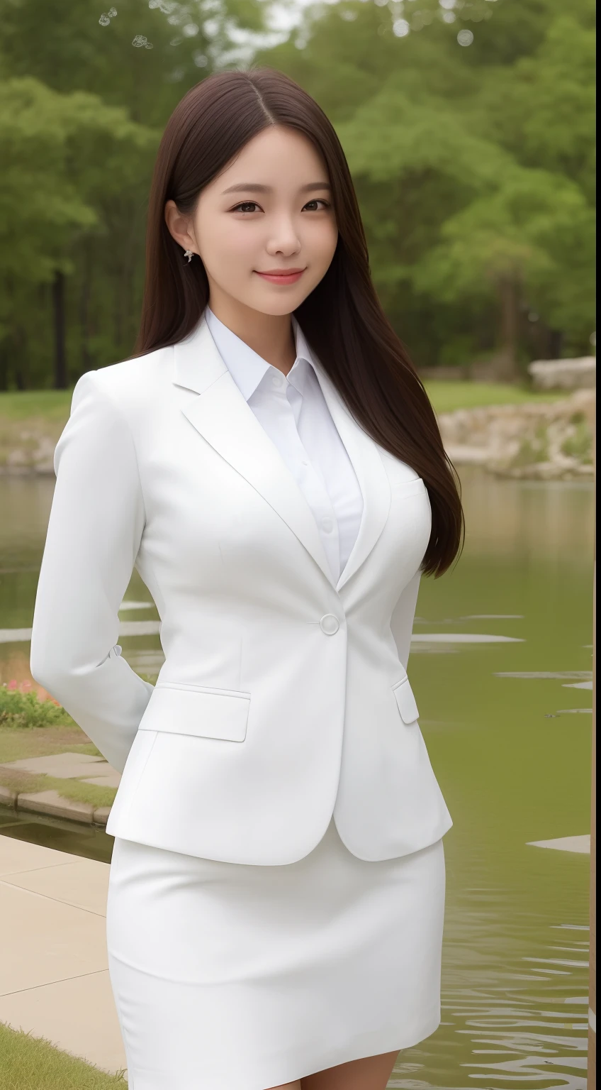 A smiling girl,While wearing a white Business suits,White tight skirt,Stand by the pond,Side view,High hips,com rosto detalhado,The eyes are delicate,The photo quality is the best,Realistic image quality,Background diffuse lighting,Depth of field display。