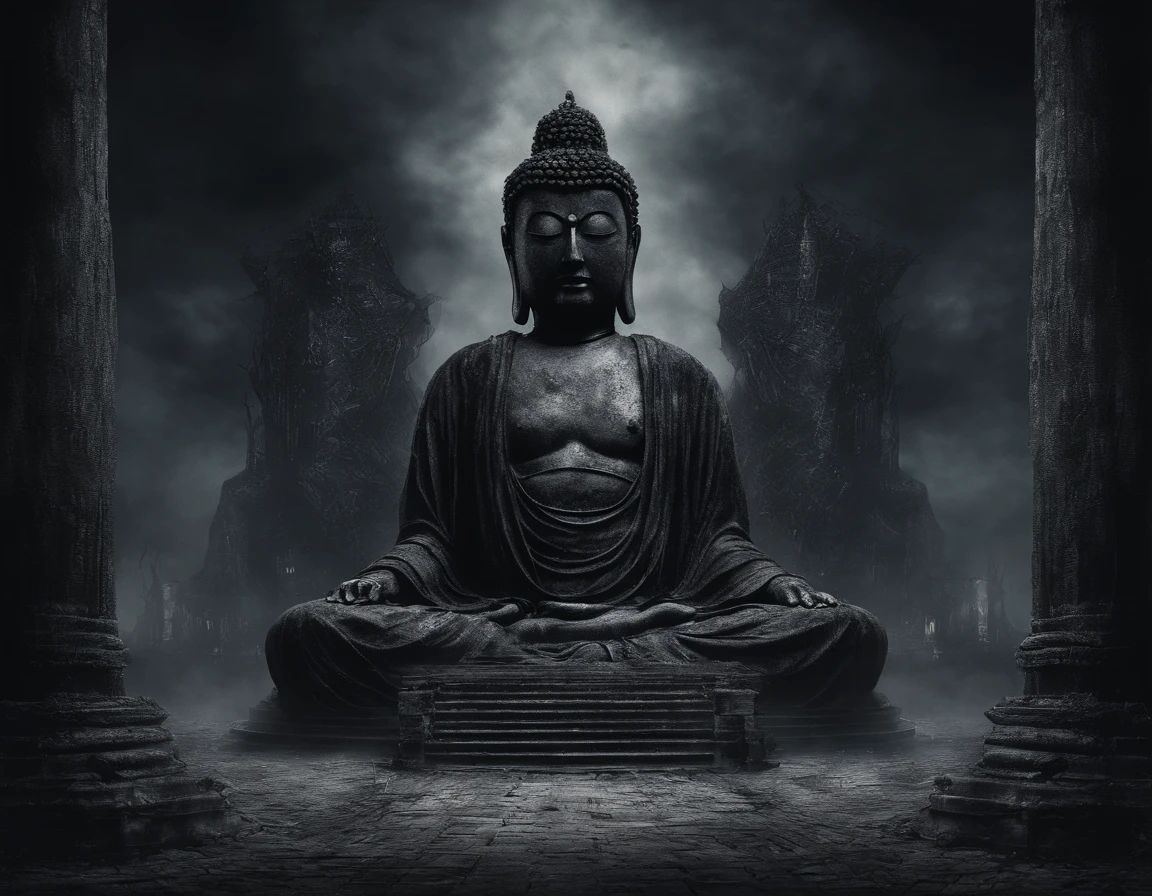 master part, best quality, arte oficial, Papel de parede 8K, Very detailed, Estilo escuro,Black Buddha statue,In the distance is a huge tall statue of Buddha,There is a large bell hanging in the middle,Peregrinos na Estrada