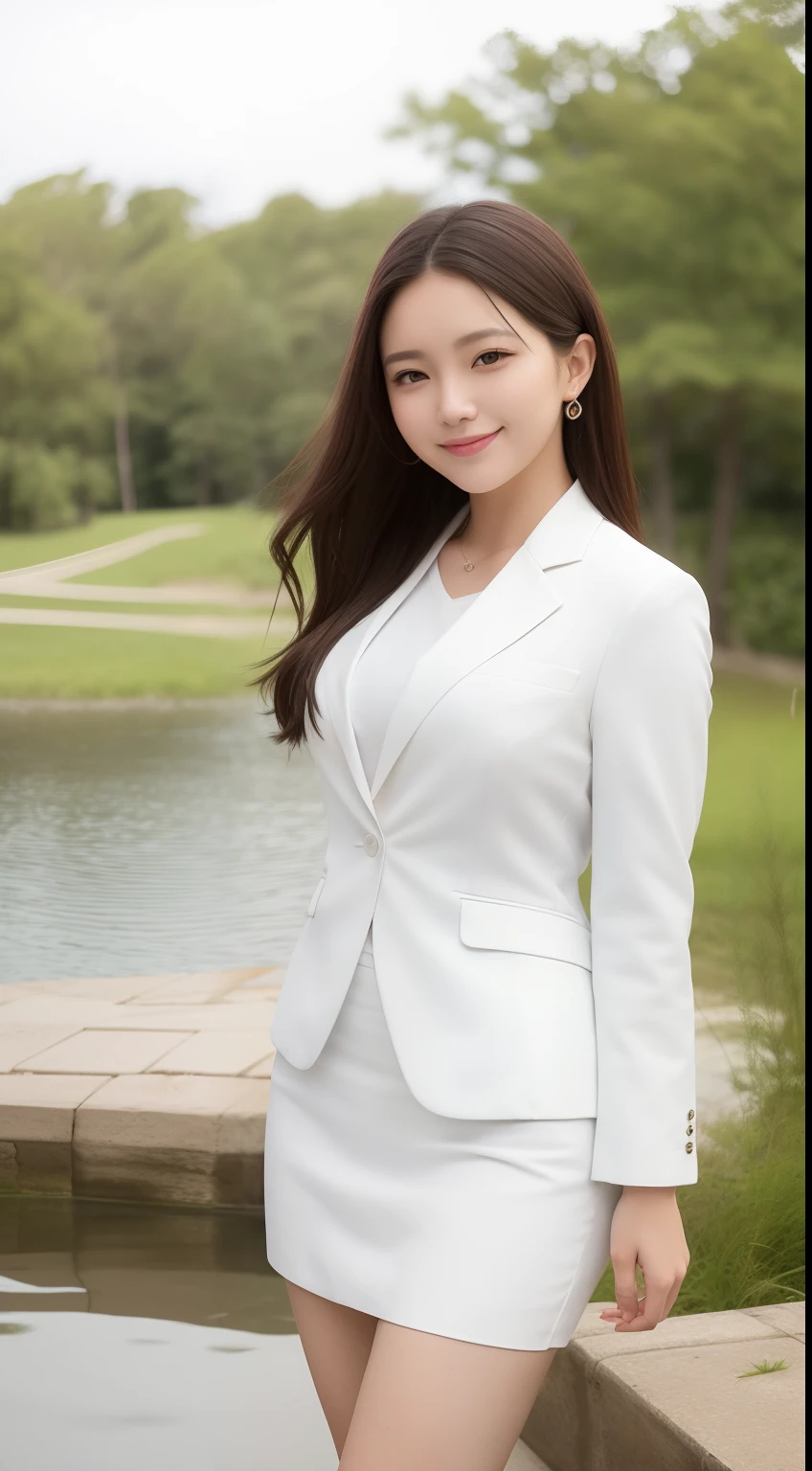 A smiling girl，While wearing a white Business suits，White tight skirt，Stand by the pond，Side view，The hips are high，com rosto detalhado，The eyes are delicate，The photo quality is the best，Realistic image quality，Background diffuse lighting，Depth of field display。