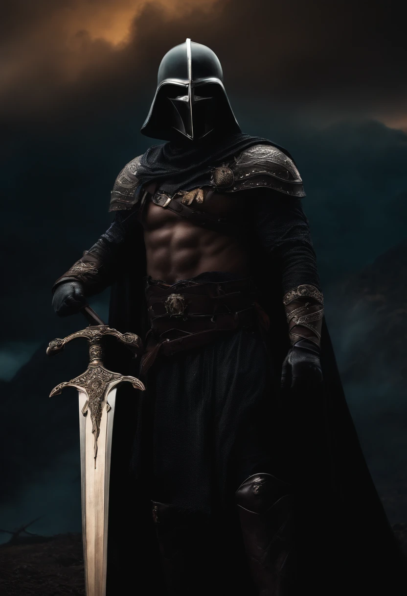 Realistic, 4k, Um anjo com grandes asas negras , uma espada com foco , a hood over his head in the background image of a war (caos)