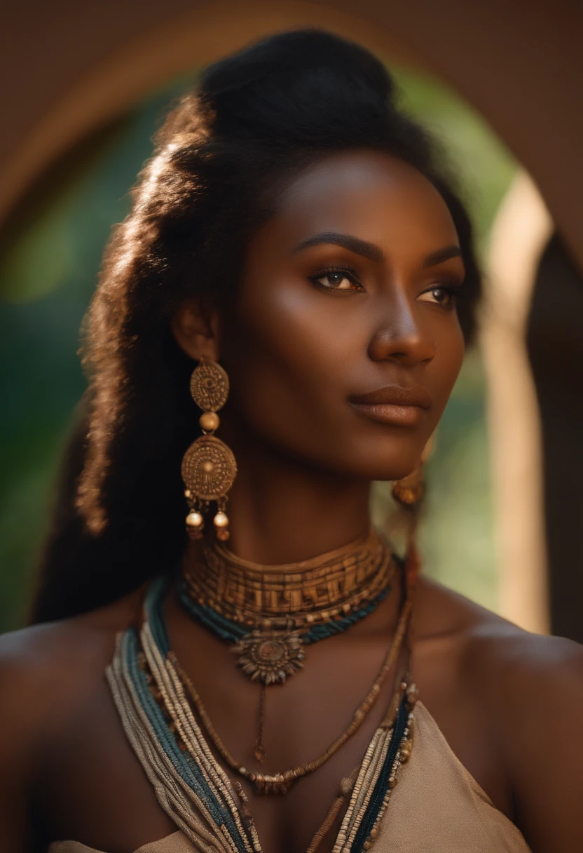64k, RAW photo, best quality, masterpiece: 1.45), (realistic, photo-realistic:1.37) sunlight, professional illumination, high detailed skin, dark skinned man tribal woman, portrait, frontal view, standing, face paints, full body, massive pubic hair
