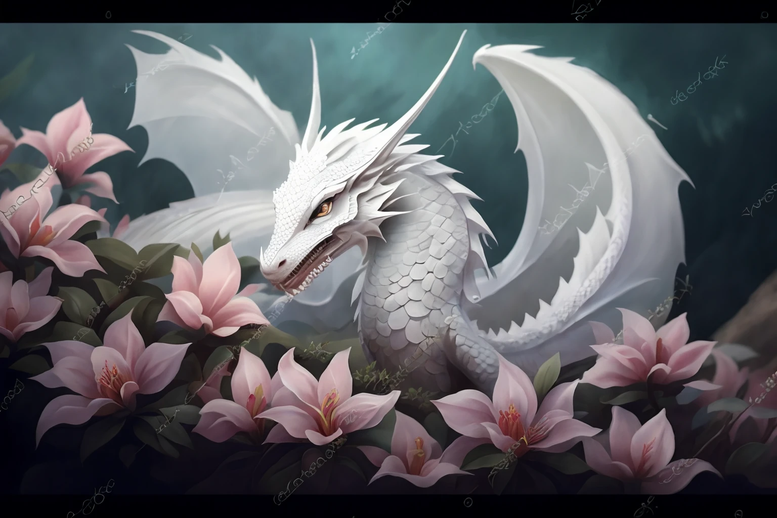 Painting of a white dragon with pink flowers on the background, soft delicate draconic features, dragon portrait, art of dragon, cute little dragon, mytical creature, Loong, portrait of a dragon, uma pintura de prata branca, anthro dragon art, realistic fantasy illustration, pintura digital de alta qualidade, newly hatched dragon, peaceful and graceful, water dragon