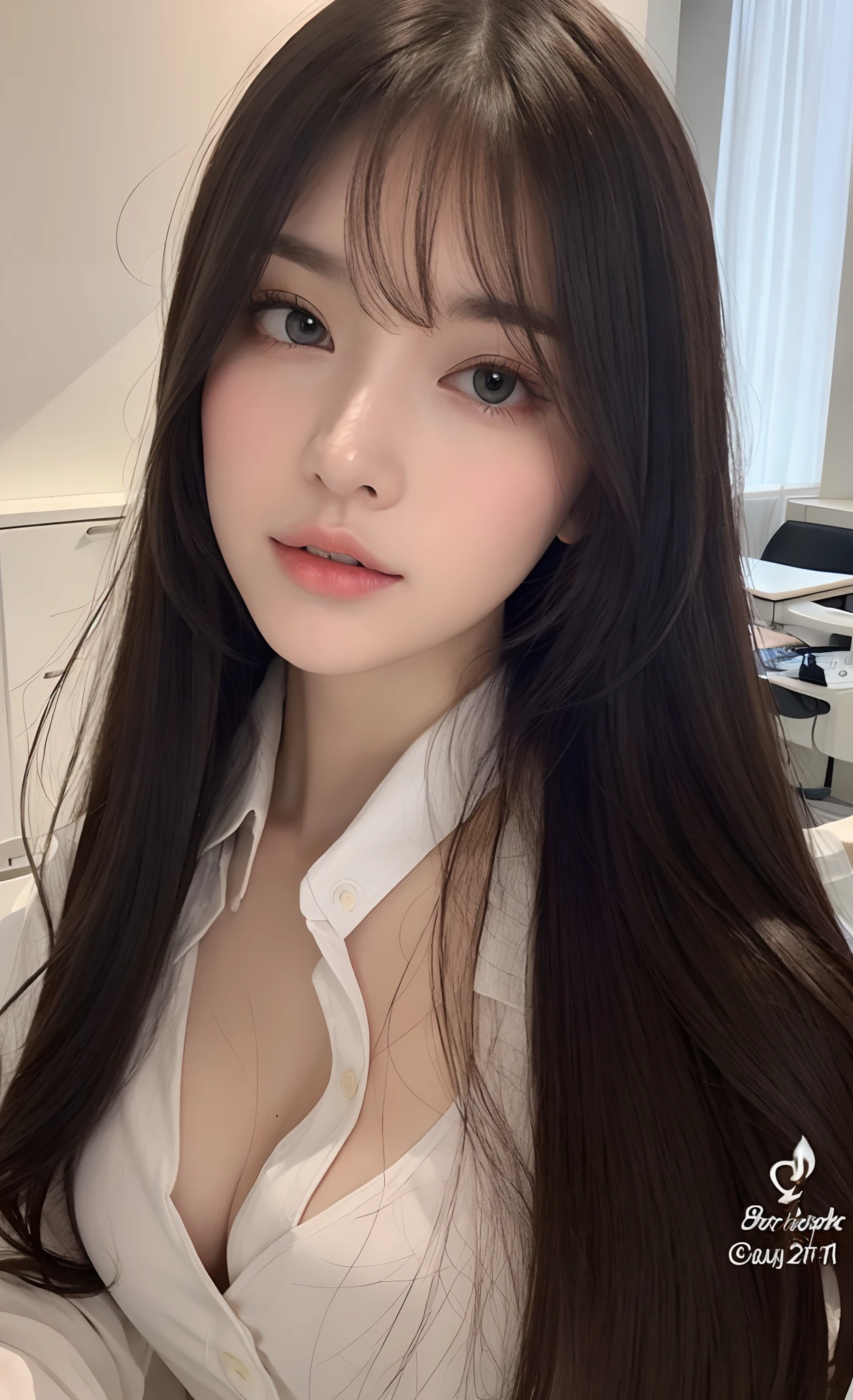 8k, Top image quality、Raw photography、超A high resolution、A pretty girl、Colossal tits:1.3、cleavage of the breast:1.3 , ((open shirt show )), (detailed  clothing trasparent), (detailed white tigh shirt), full body, fair white skin、shiny white skin、(wavy blonde hair)、dark brown hair、dark brown hair、Beautiful eyes with random colors、very thin lips, finely detail、elongated eyes、pale pink blush、long eyeslashes、Beautiful double eyelids、eyeshadows、master Office、Lighting that emphasizes beautiful skin、Lustrous skin