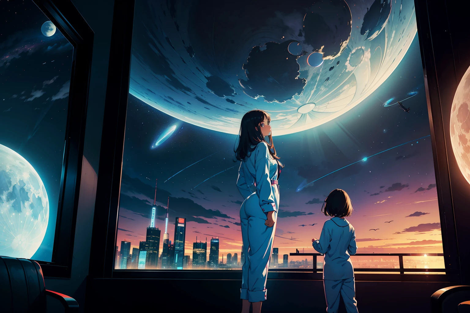 Masterpiece, girl, looking out the window, looking out, space city, technology city, futuristic city, flying cars, giant moon, girl wearing pajamas, loose pajamas, big pajamas,