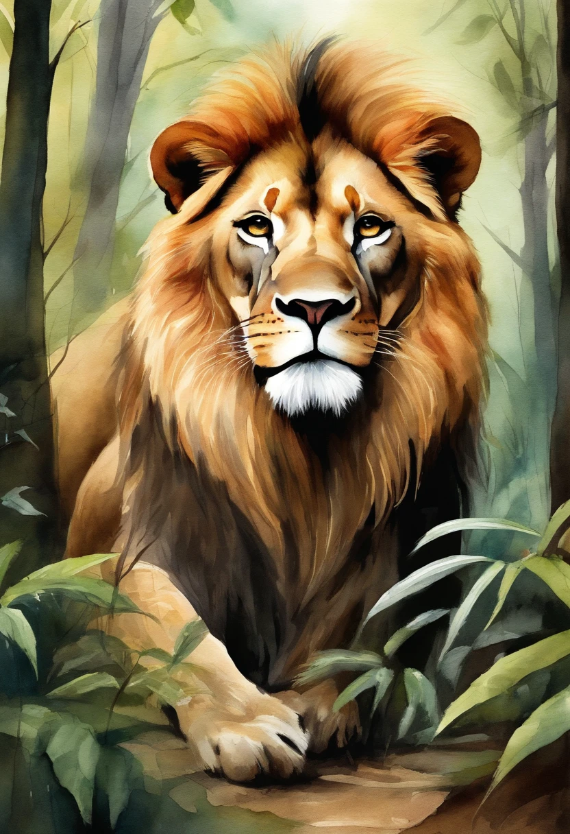 Image of Lion in the forest, estilo cartoon, fundo branco, Preto e banco para colorir