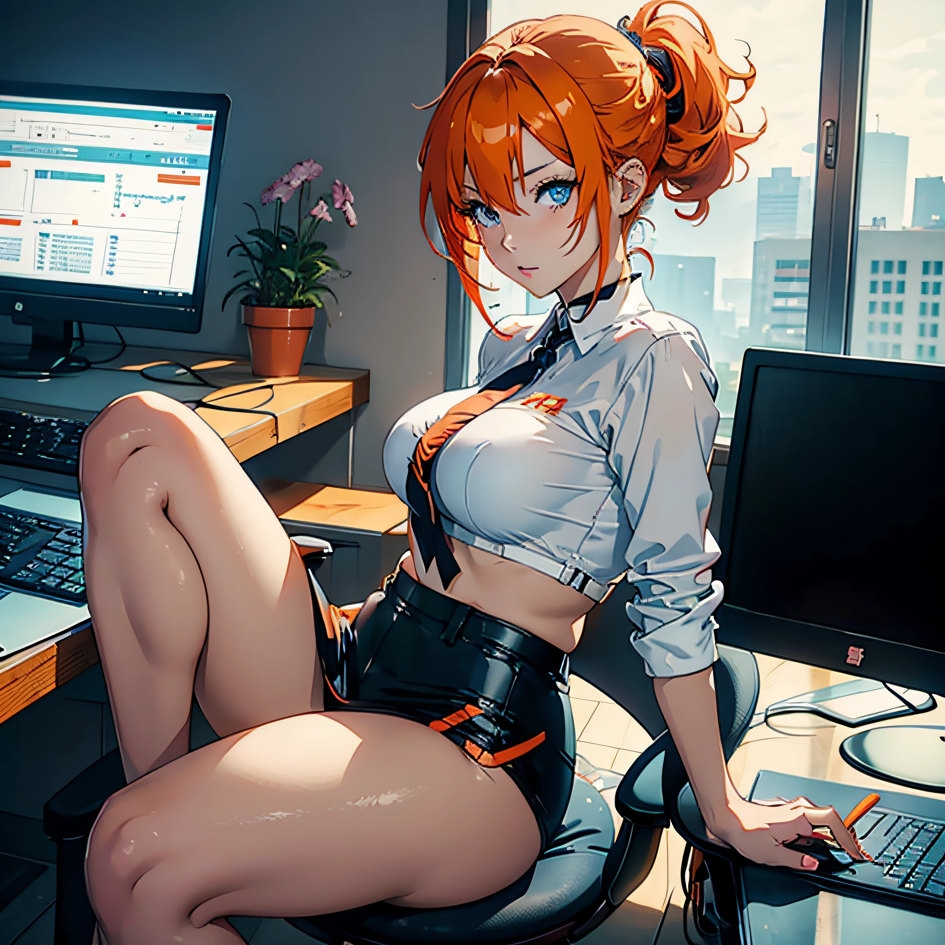 Gorgeous anime woman with neon orange hair gorgeous eyes and a sexy body in underwear trading stock charts on laptop and she sits wide-legged on an office chair