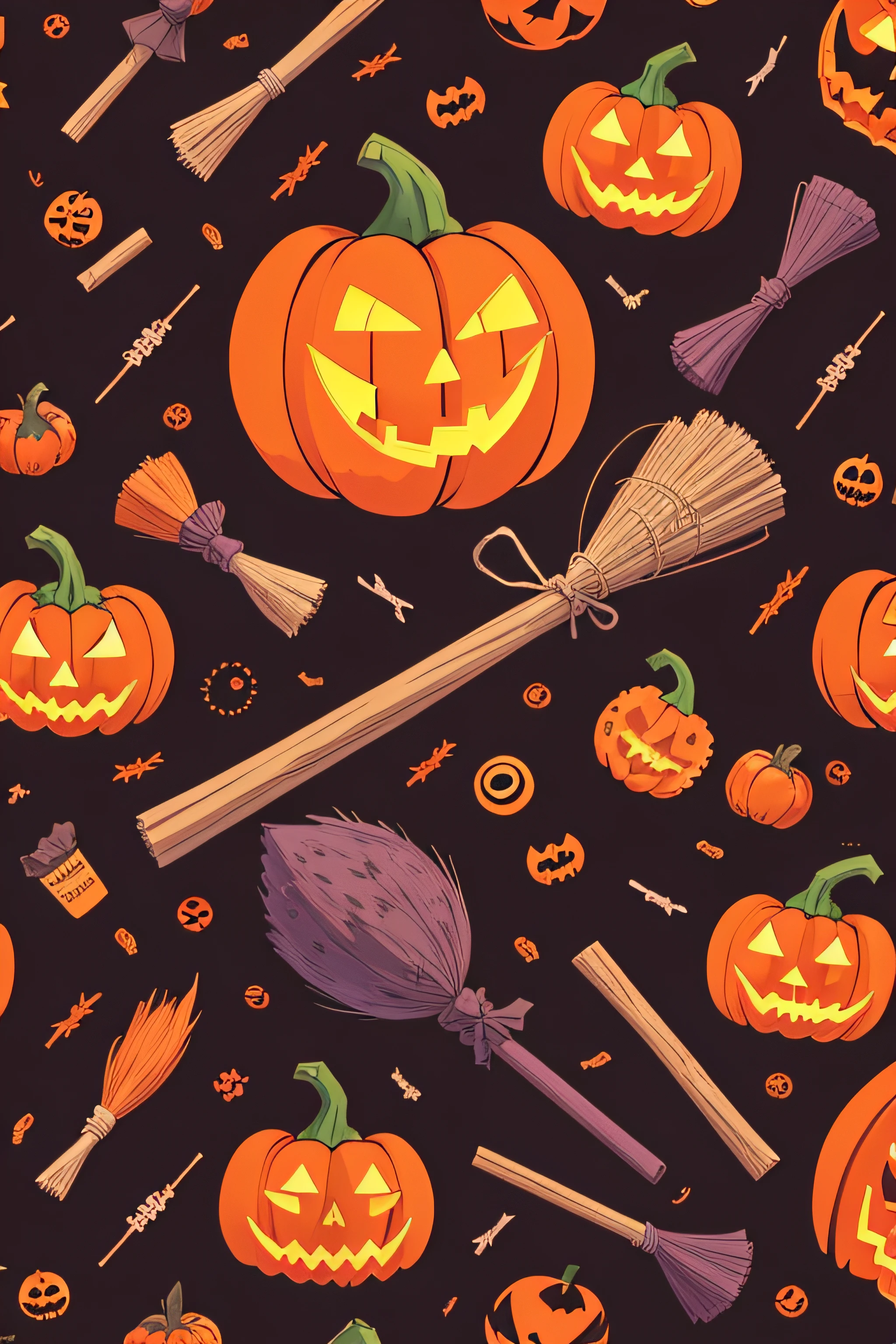 pattern, halloween, pumpkins, candy, skulls, bats, broom sticks, seamless, repeating, illustration, cartoon, colourful, vibrant