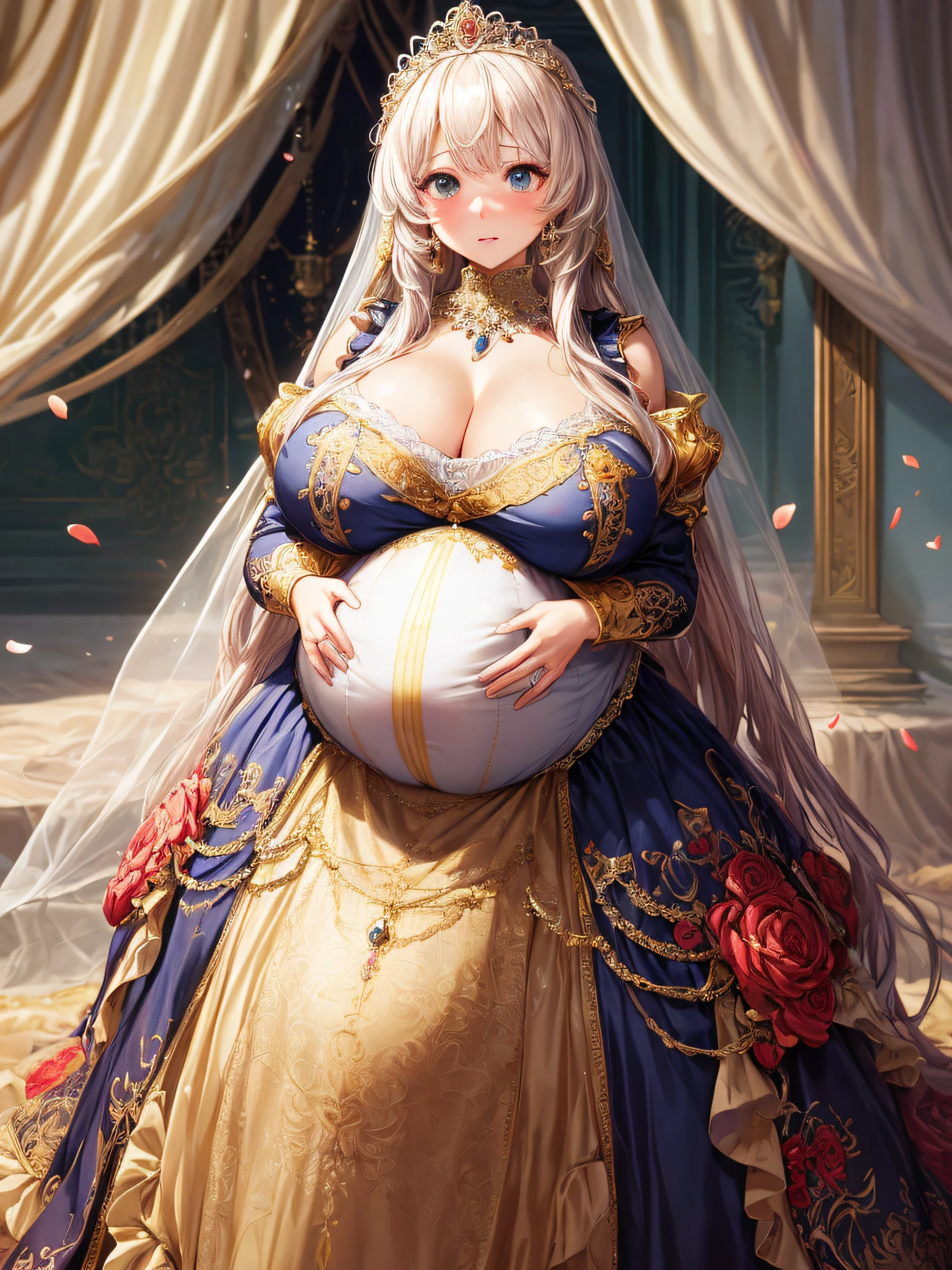 (masterpiece, best quality,extremely detailed:1.1),(moe anime art style:1.2),1girl,((full body,focus face)),((solo)), cute, kawaii,digital art,((1 bling-bling pregnant princess wearing beautiful embroidery and jeweled gorgeous rococo ballgown with jeweled voluminous full length hoop skirt)),(((heavily pregnant,very big pregnant belly))),((crinoline)),long train,voluminous frills,See-through,(gorgeous embroidery and beautiful lace),((very gigantic boobs,skindentation)),cleavage,shiny hair,(((very long straight hair,large amount of straight hair))),((embarrassed)),anguish,((finely detailed face and eyes)),clear pupil,extremely gorgeousfull hair ornament,(bling-bling jeweled extremely gorgeousfull tiara),(bling-bling gorgeous gemstone jewelry),long veil,beautiful background,fantasy background,flowers,flower petals flowing,full body,((beautiful embroidery and jeweled ruffled gorgeous rococo ballgown with voluminous full length hoop skirt))