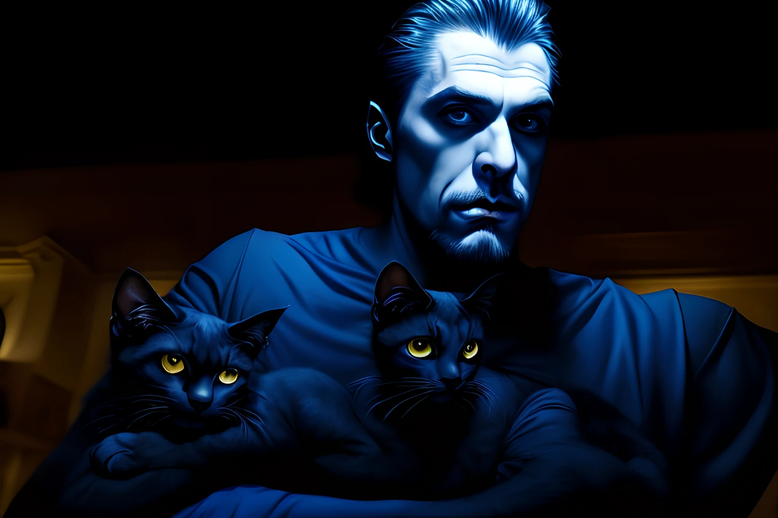 Photo of 1 male vampire holding 2 feline gargoyles, inside castle, goatee, studio lighting, detailed, highres, 8k, high saturation