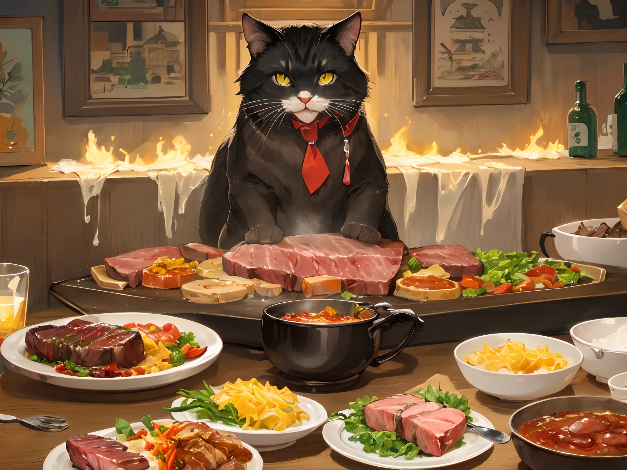 Steak like drawn with crayons、Oil is diverted、It was steamy and looked very delicious.、Sizzle feeling、Cat eating it in the great hall of the palace