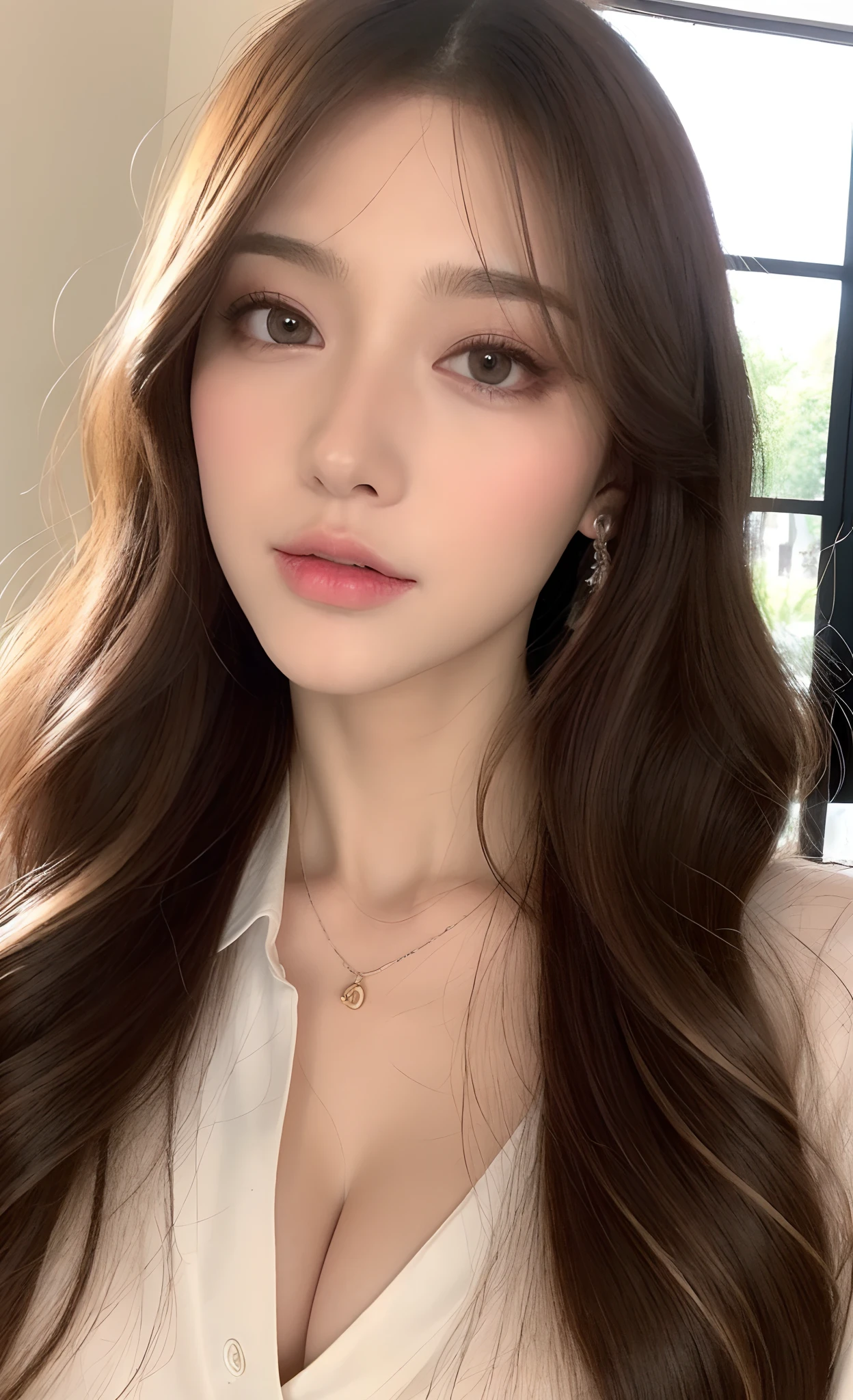 8k, Top image quality、Raw photography、超A high resolution、A pretty girl、Colossal tits:1.3、cleavage of the breast:1.3 , ((open shirt show nipples )), (detailed clothing trasparent), (detailed white tigh shirt), full body, fair white skin、shiny white skin、(wavy blonde hair)、dark brown hair、dark brown hair、Beautiful eyes with random colors、very thin lips, finely detail、elongated eyes、pale pink blush、long eyeslashes、Beautiful double eyelids、eyeshadows、master Office、Lighting that emphasizes beautiful skin、Lustrous skin