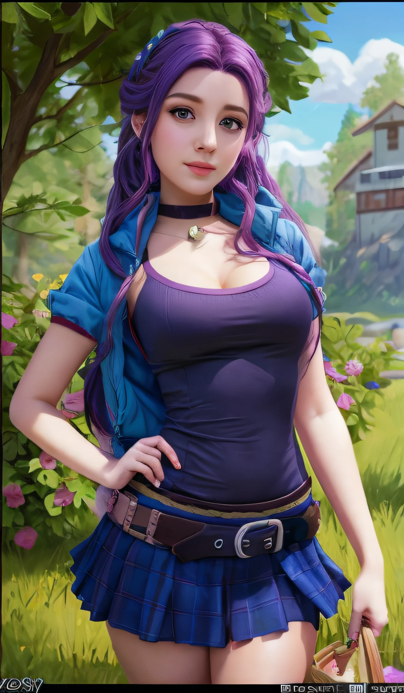 Un primer plano de una chica con cabello morado y una chaqueta azul, Abigail desde Stardew Valley, realistic artistic style,