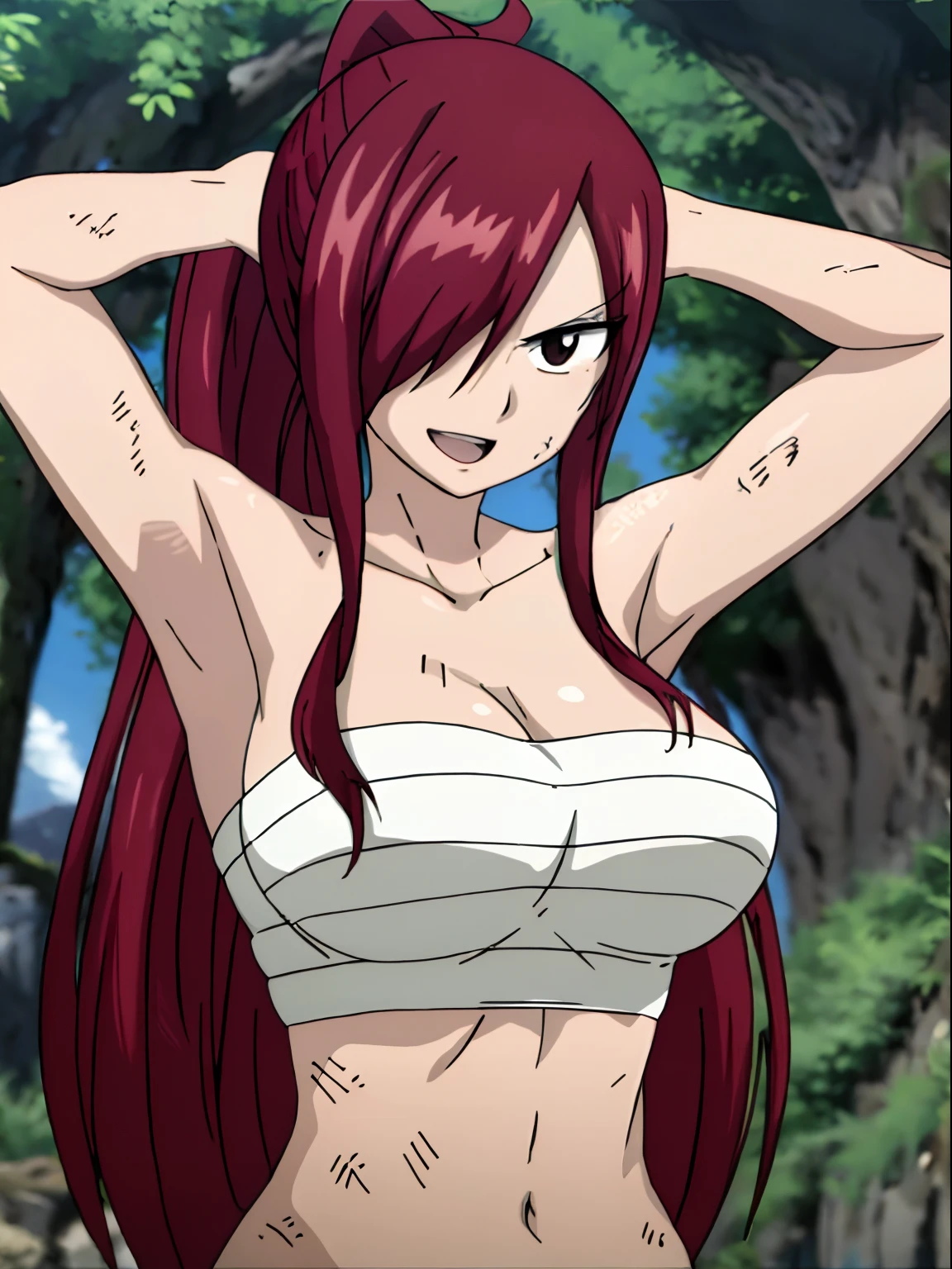 masterpiece, anime style, beach, best quality, highres, fairy tail, 1girl, long hair, ponytail, reddish hair, (bang cover one eye, one hidden eye, brown eye), large breasts, collarbone, midriff, black bikini, standing, outdoors, smile, open mouth, emo hair, thick arms, broad shoulders, mature woman, (tall), wide shoulders, long belly, armpit, strong arms, ultra detailed arms