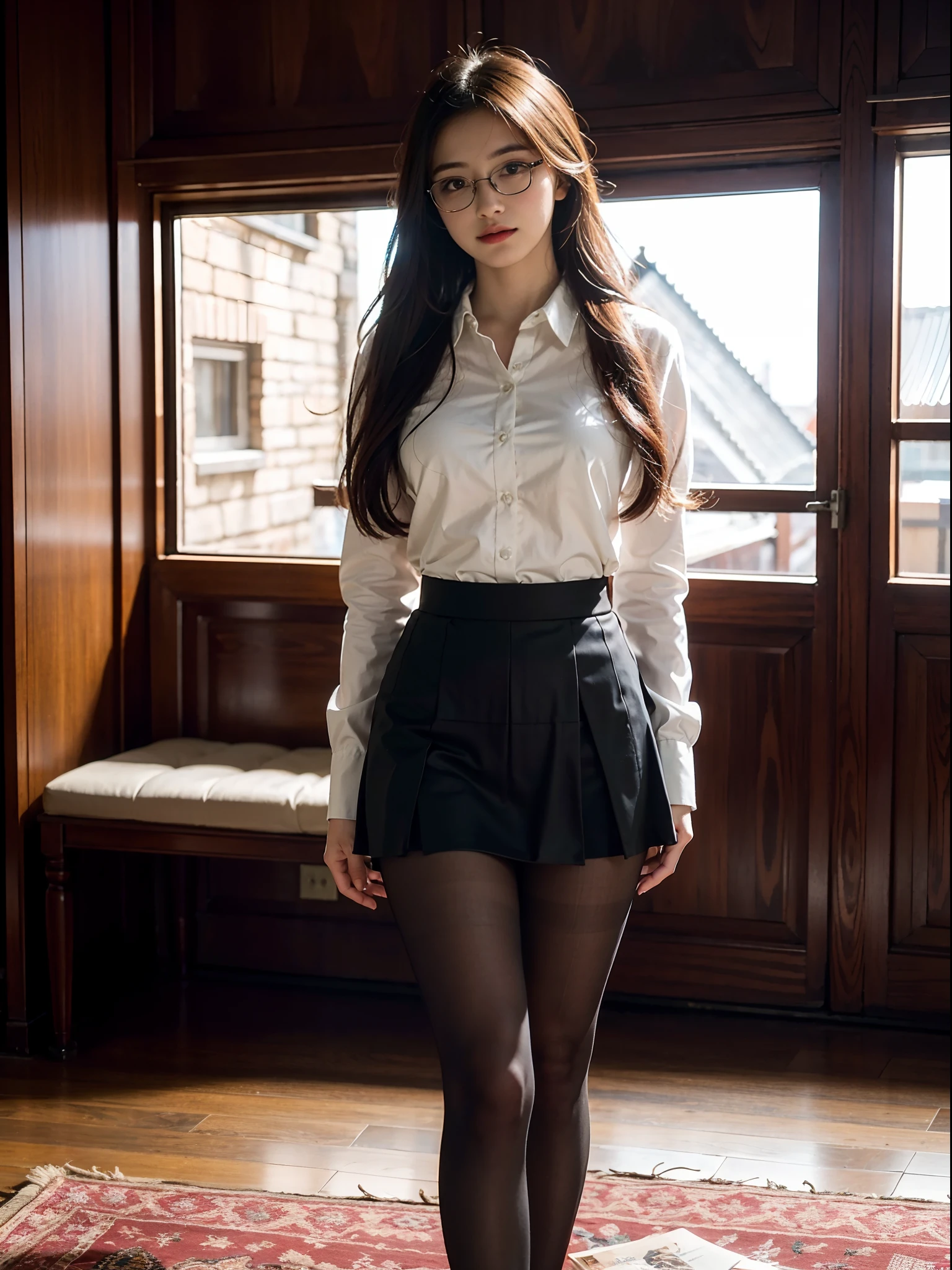 ulzang-6500-v1.1, (RAW photo:1.2), (Photorealistic:1.4), Beautiful detailed girl, Very detailed eyes and face, Beautiful detailed eyes, ridiculous, Incredibly Ridiculous res, hugefilesize, Super detailed, high resolution, Very detailed, Best quality, Masterpiece, ((fashion clothing with diverse colors)), illustration, Very detailed, CG, unified, 8K wallpaper, Amazing, finedetail, Masterpiece ,Best quality, Very detailed CG uniform 8k wallpaper, light in face, Movie lighting, 1girll, 16 years old, Long white hair, side splits, (Glasses), ((Dynamic pose))), ((Sexy pose))), (camel-toe), (Half), (Pantyhose)), ((Black hip skirt))
