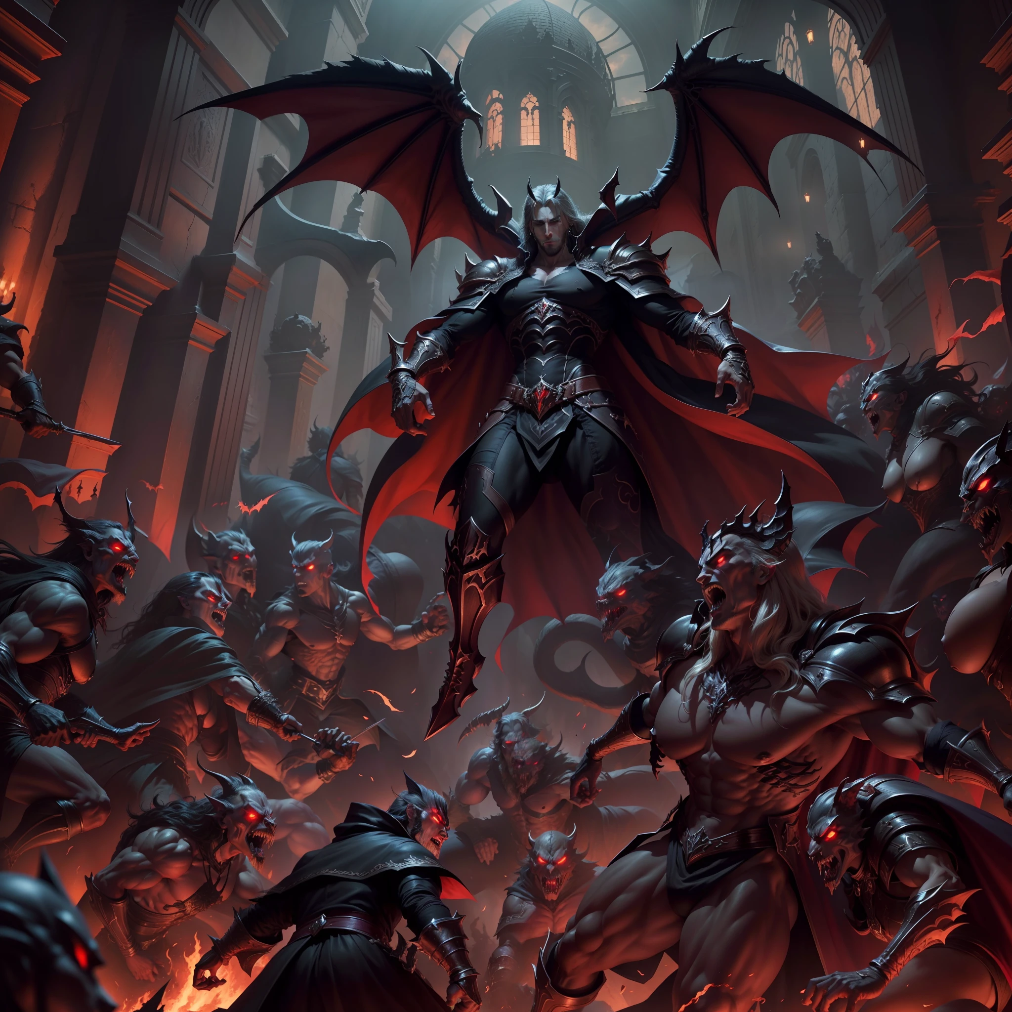 Castlevania Shadow Lord hyper realistic Super detailed Lord Dracula's centerpiece leading an army of demons in 3-point combat perspective lower view