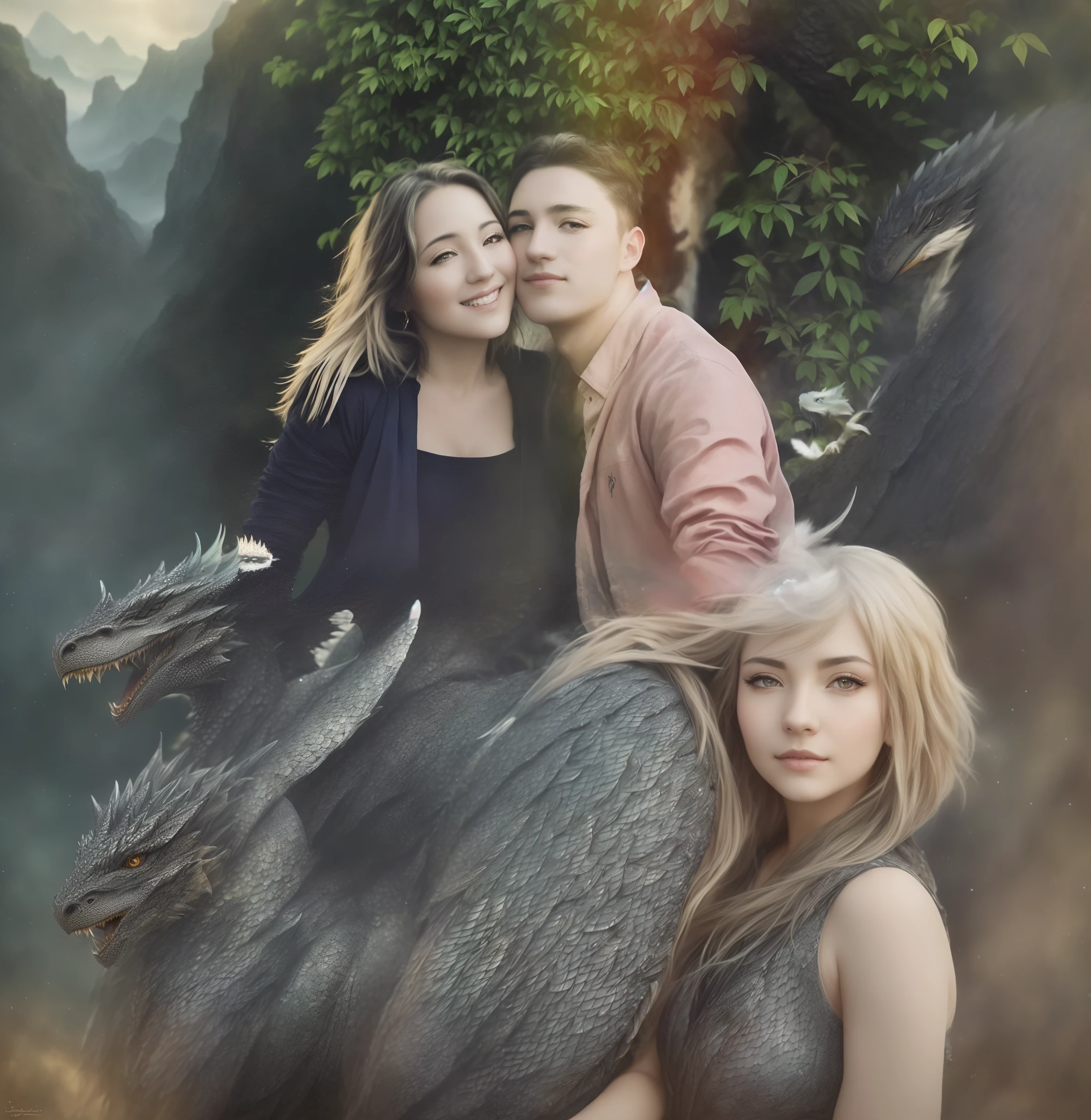 zwei persons,sitting on a dragon,beautiful detailed eyes,beautiful detailed lips,extremely detailed eyes and face,long eyelashes,landscape,oil painting,ultra-detailed,professional,vivid colors,bokeh,highres,(best quality:1.2),HDR,studio lighting,physically-based rendering,wings spread wide,flaming breath,mountainous backdrop,medieval fantasy,soft sunlight,dragon scales,fantastical creature