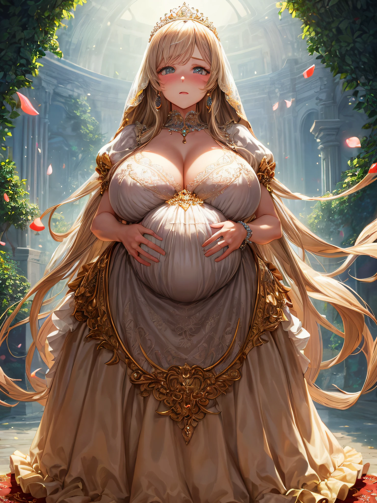 (masterpiece, best quality,extremely detailed:1.1),(moe anime art style:1.2),1girl,((full body,focus face)),((solo)), cute, kawaii,digital art,((1 bling-bling pregnant princess wearing beautiful embroidery and jeweled gorgeous rococo ballgown with jeweled voluminous full length hoop skirt)),(((heavily pregnant,very big pregnant belly))),((crinoline)),long train,voluminous frills,See-through,(gorgeous embroidery and beautiful lace),((very gigantic boobs,skindentation)),cleavage,shiny hair,(((very long straight hair,large amount of straight hair))),((embarrassed)),anguish,((finely detailed face and eyes)),clear pupil,extremely gorgeousfull hair ornament,(bling-bling jeweled extremely gorgeousfull tiara),(bling-bling gorgeous gemstone jewelry),long veil,beautiful background,fantasy background,flowers,flower petals flowing,full body,((beautiful embroidery and jeweled ruffled gorgeous rococo ballgown with voluminous full length hoop skirt))