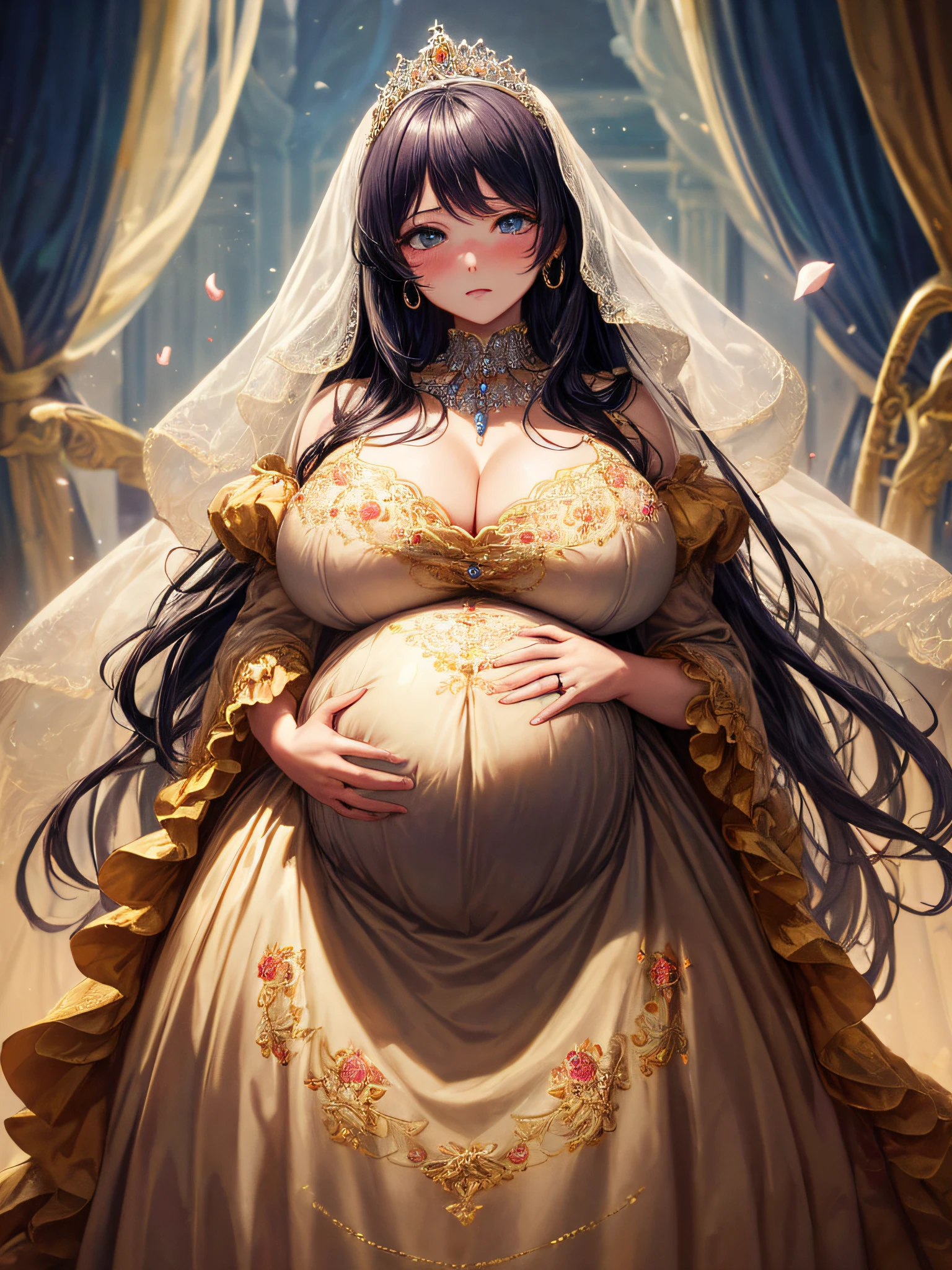 (masterpiece, best quality,extremely detailed:1.1),(moe anime art style:1.2),1girl,((full body,focus face)),((solo)), cute, kawaii,digital art,((1 bling-bling pregnant princess wearing beautiful embroidery and jeweled gorgeous rococo ballgown with jeweled voluminous full length hoop skirt)),(((heavily pregnant,very big pregnant belly))),((crinoline)),long train,voluminous frills,See-through,(gorgeous embroidery and beautiful lace),((very gigantic boobs,skindentation)),cleavage,shiny hair,(((very long straight hair,large amount of straight hair))),((embarrassed)),anguish,((finely detailed face and eyes)),clear pupil,extremely gorgeousfull hair ornament,(bling-bling jeweled extremely gorgeousfull tiara),(bling-bling gorgeous gemstone jewelry),long veil,beautiful background,fantasy background,flowers,flower petals flowing,full body,((beautiful embroidery and jeweled ruffled gorgeous rococo ballgown with voluminous full length hoop skirt))