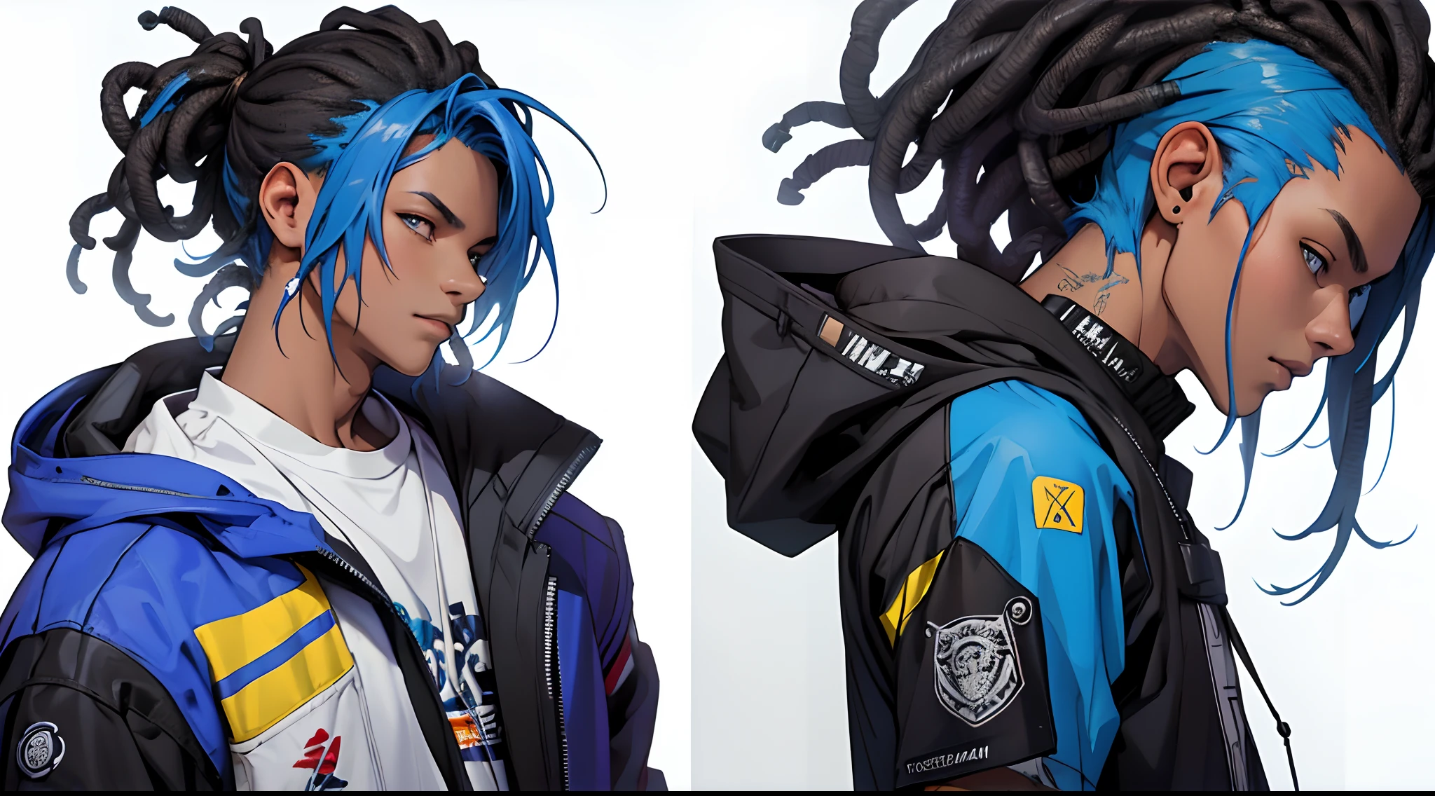 Masterpiece: 1.6, Best Quality: 1.4, Live Image: 1.2, intricate details: 1.2, Graphicsournerv2: 1.2, 1 male, blue dreadlocks, Short dreadlocks, Afro American, tattoos on the face and body, Choker, white hoodie, black pant, a lot of details (Single background, whitebackground: 1.3), multiple views, Multiple views of the same character in the same outfit: 1.3.