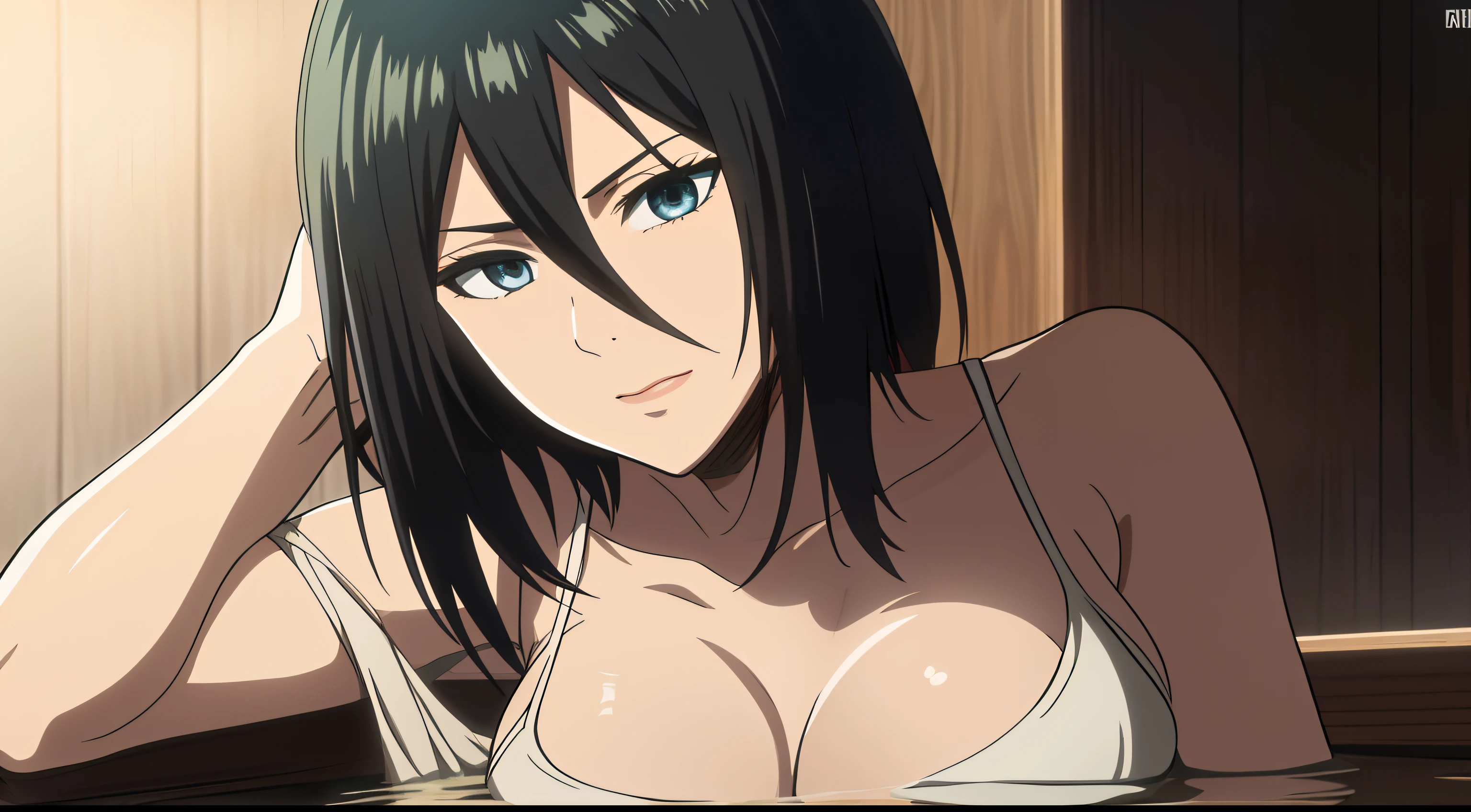 1 asian anime girl, mikasa ackerman, (cabelo preto: 1.3), cabelo entre os olhos, cabelo curto, costeletas, olhos cinzas, decote, solo, obra-prima, melhor qualidade, 8k, banho, relaxar, breasts enter medium to show, tomando banho dentro da fonte termal japones, hairy pubis,