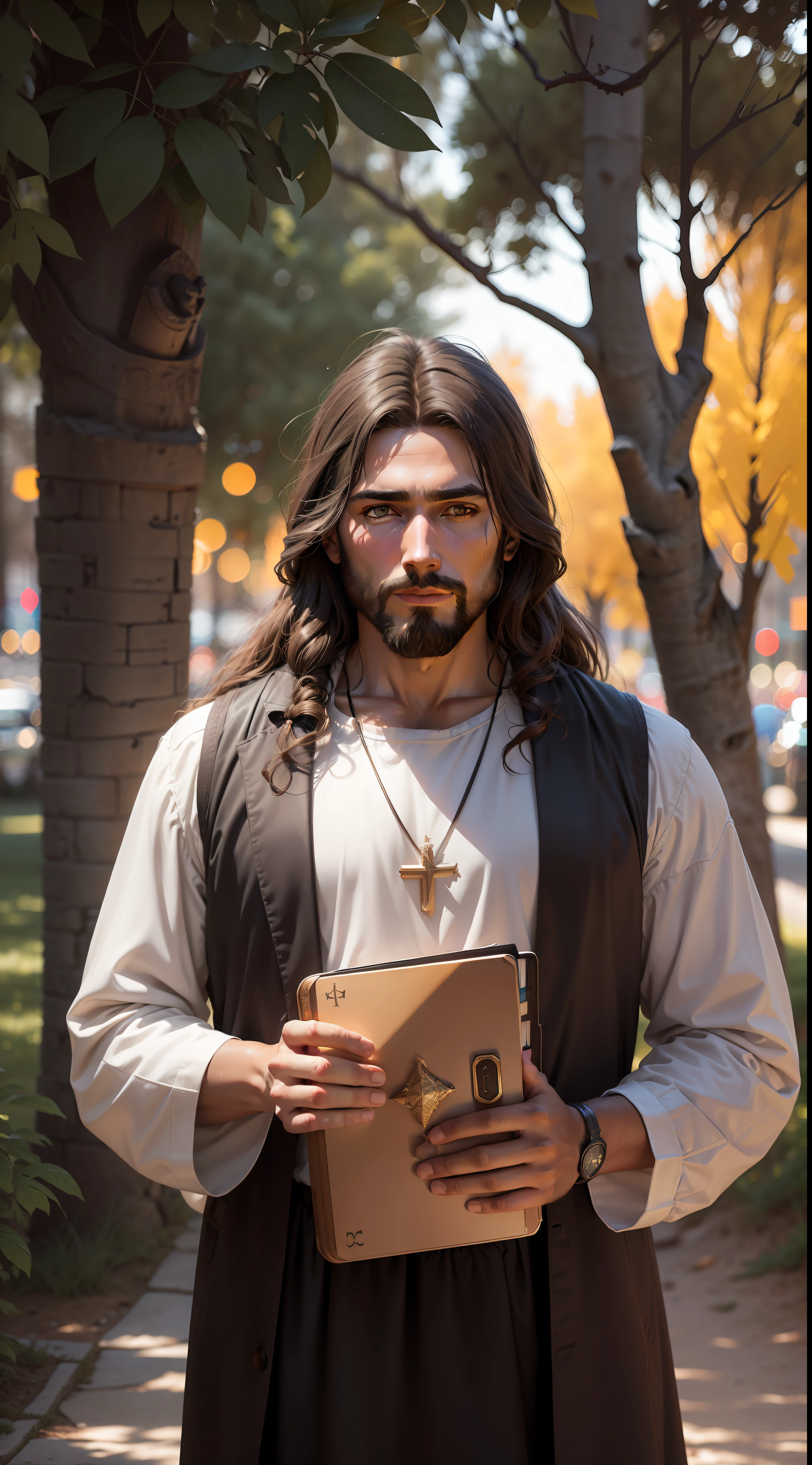 Portrait of Jesus Christ facing him with a Bible in his hands in an outdoor landscape, Cinematic lighting, profundidade de campo, Bokeh, realismo, fotorrealista, hiper-realismoo, fotografia profissional, UHD, DSLR, HDR. (2367x4267px)