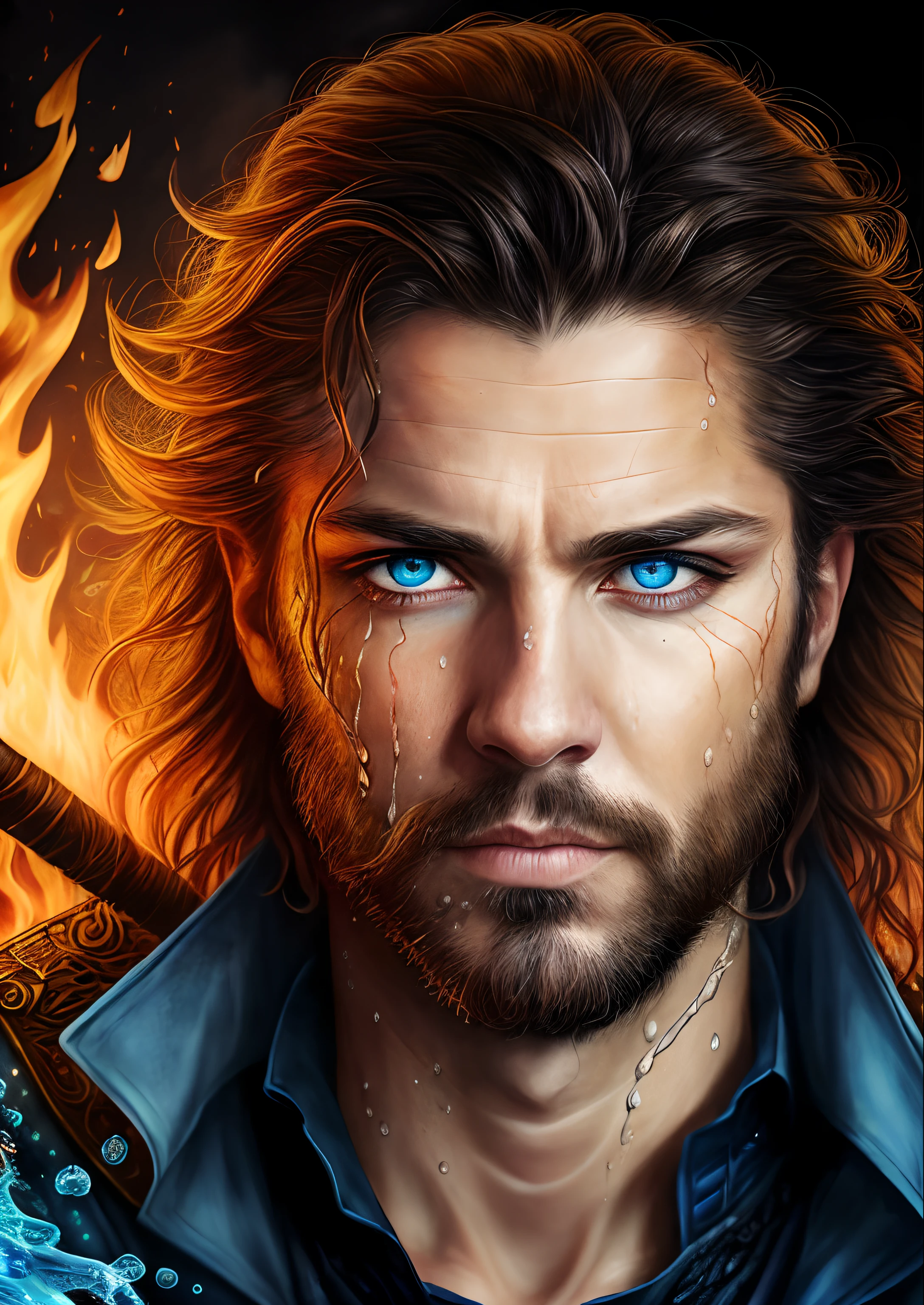 water man, with water hair and eyes, a portrait of a fire sorcerer, realistic portrait, fantasy male portrait, ultra-realistic, ultra-detailed