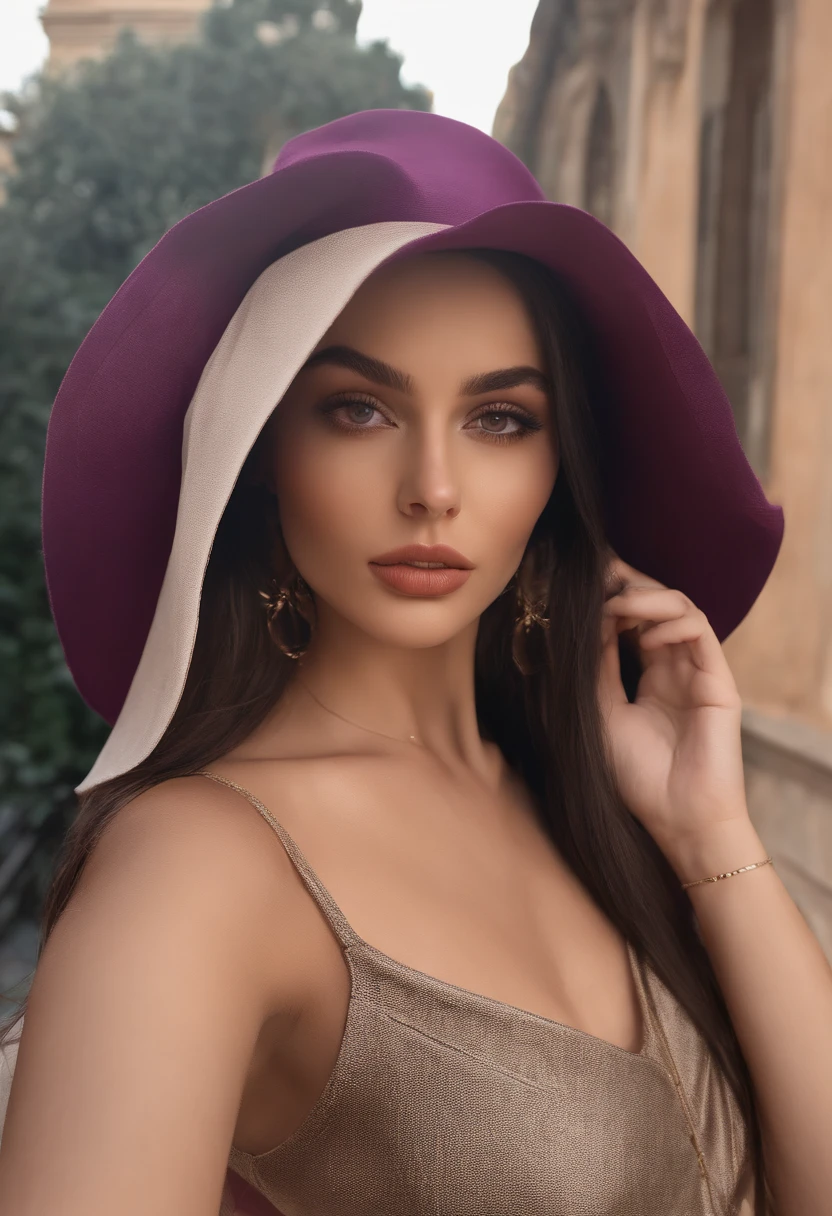 arafed woman with sexy clothes, sexy girl with brown eyes, portrait sophie mudd, black hair and large eyes, selfie of a young woman, bedroom eyes, violet myers, without makeup, natural makeup, looking directly at the camera, face with artgram, subtle makeup, stunning full body shot, in Rome wearing a hat , cleavage , big ass and tits