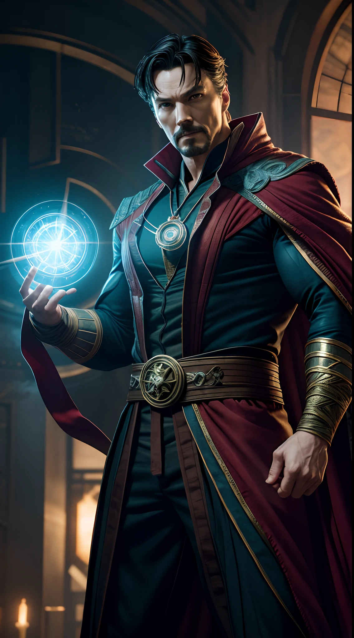 Doctor Strange, marvel ,Bodybuilder, super strong, muscular, ABS, psychotechnical background, 35mm lens, photography, ultra details, HDR, UHD,8K