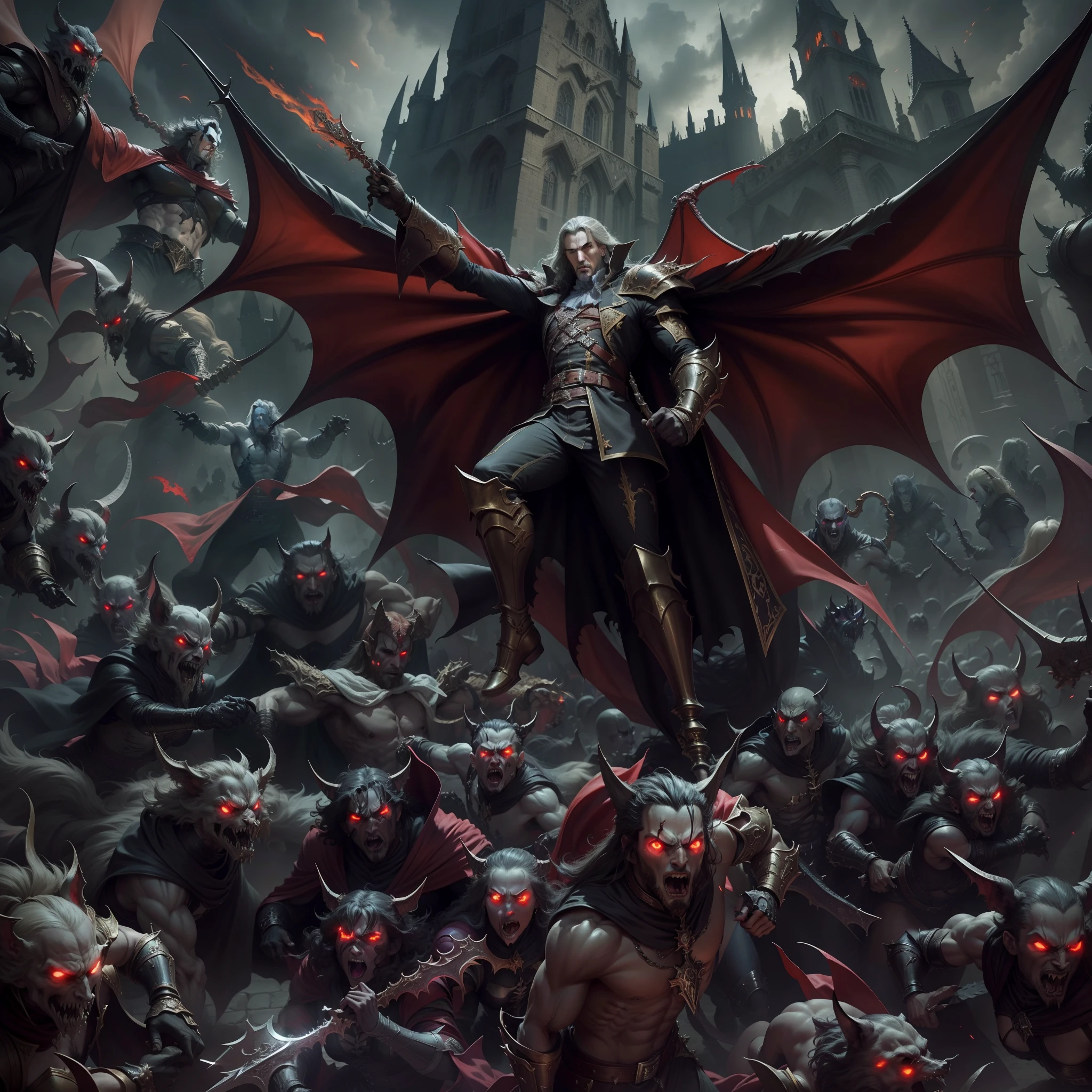 Castlevania Shadow Lord hyper realistic Super detailed Lord Dracula's centerpiece leading an army of demons in 3-point combat perspective lower view