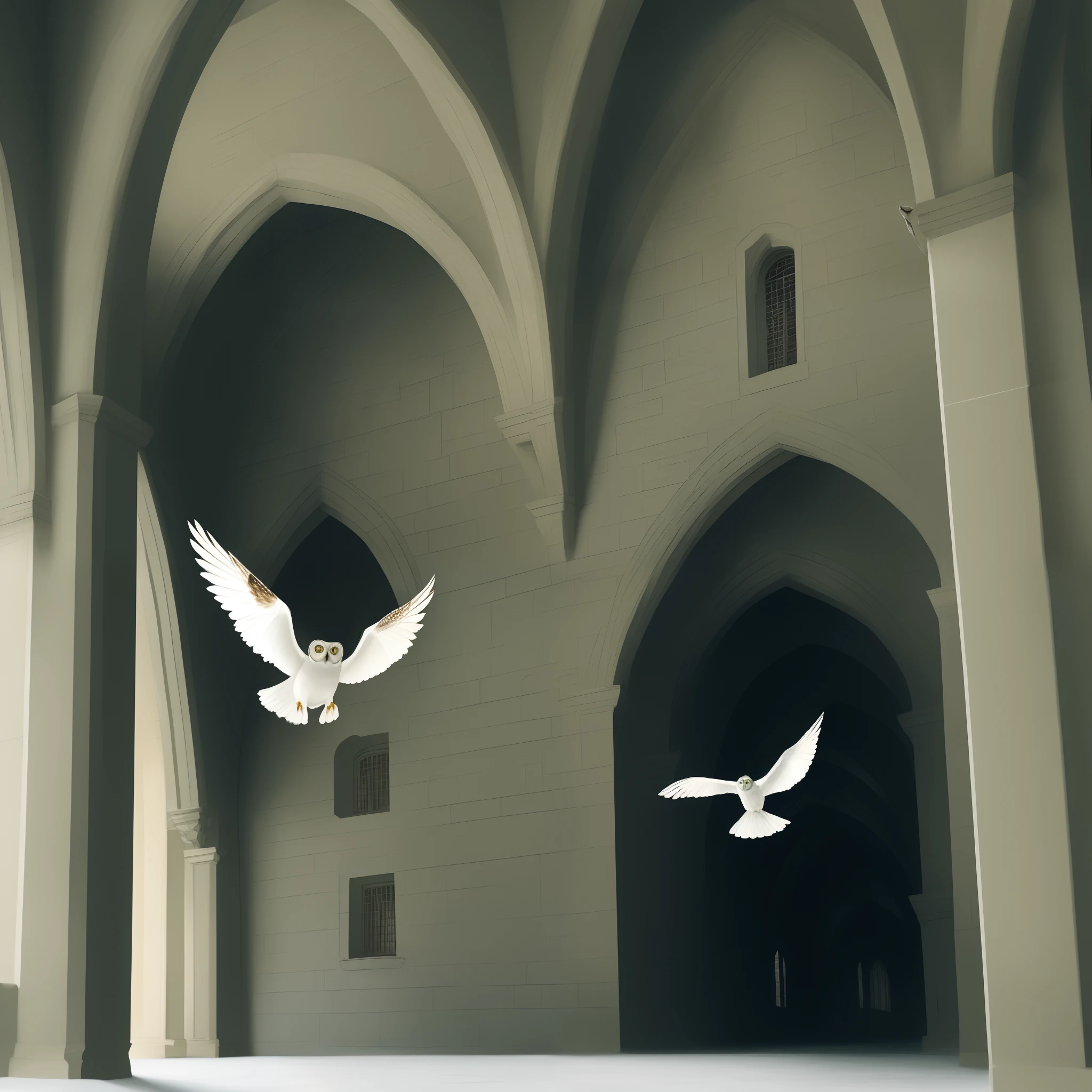 white owl flying in the castle corridors