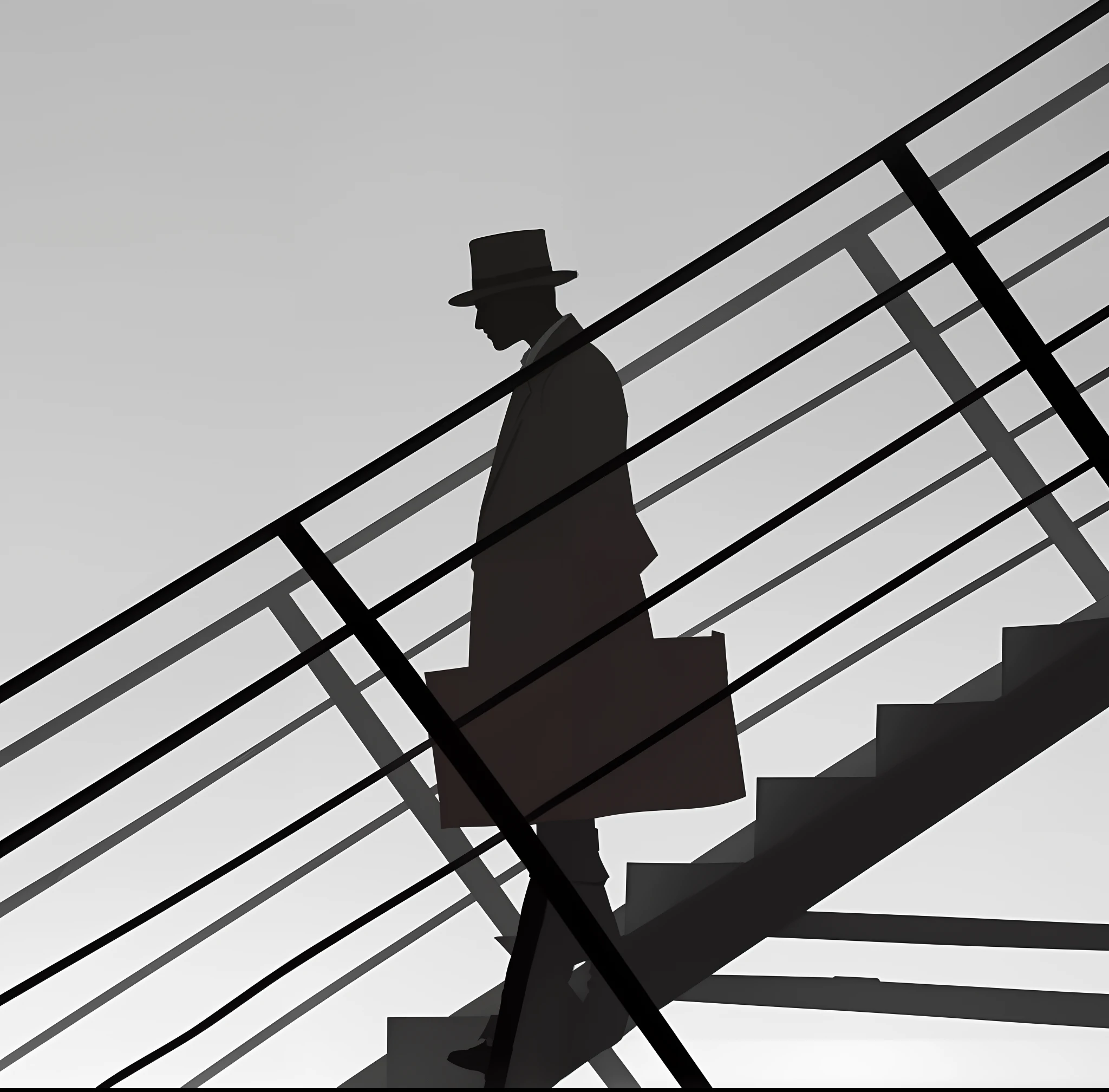 Alafeid silhouette of a man walking up the stairs, noir animation, he is traversing a shadowy city, noir film still, drawn in a neo - noir style, inspired by Emiliano Ponzi, art in a noir crime novel style, coming down the stairs, author:Emiliano Ponz, noir film world character design
