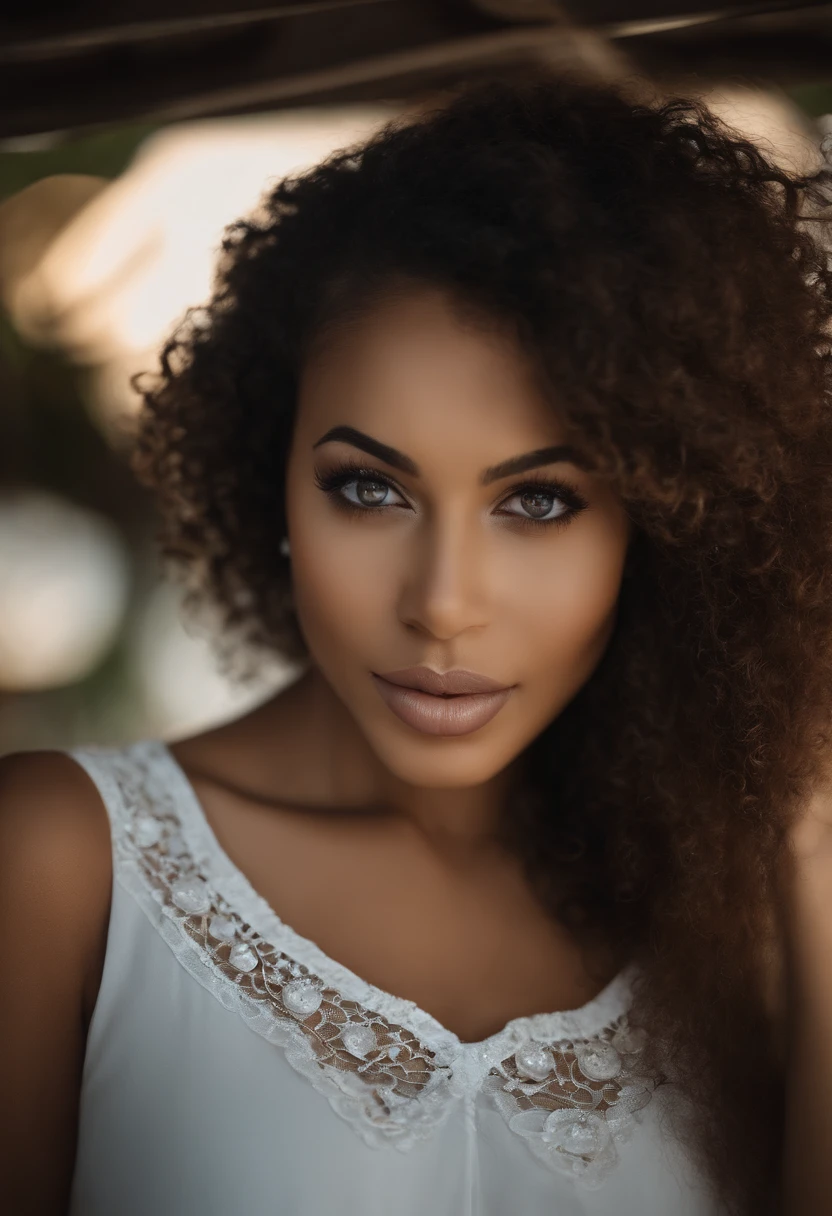 (foco nítido:1.2), fotografia, mulher negra jovem atraente, (beautiful face:1.1), Olhos detalhados, lush lips, (maquiagem olho de gato:0.85), (olhos grandes:1.0), (corpo tonificado:1.2), (curly hair:1.2), body curvy, Usando blusa de gola alta em um (Rua:1.2). (Moody Lighting:1.2), fundo praia