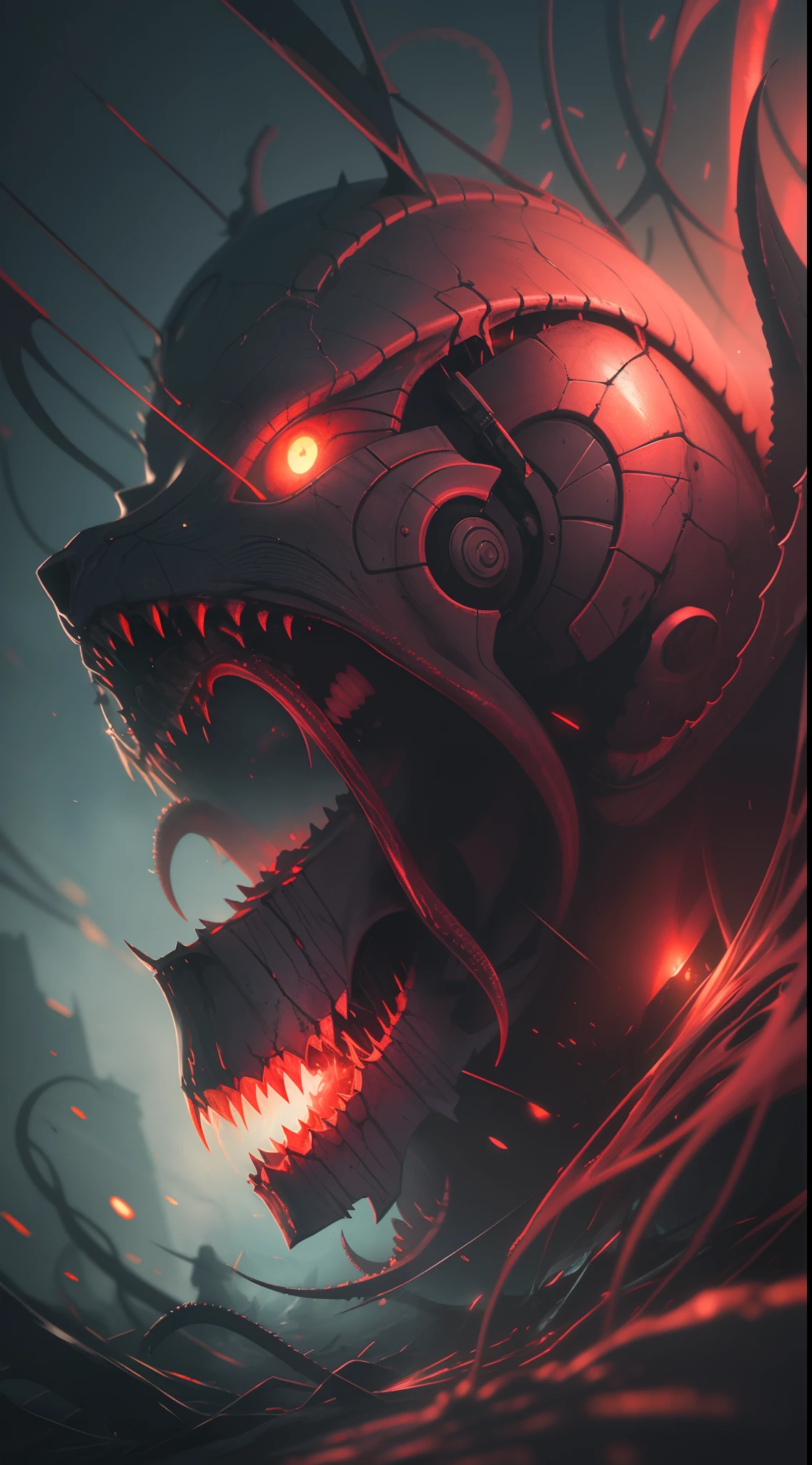Anime - Artwork in the style of demonic monsters,eyes glowing, Robot mech head, cyborg man portrait, Sharp and sleek cyborg head, Sharp cyborg head, Badass anime 8 K, Sleek mech head, Best anime 4k konachan wallpaper, Concept art wallpaper 4K, Digital cyberpunk anime art, robo-head