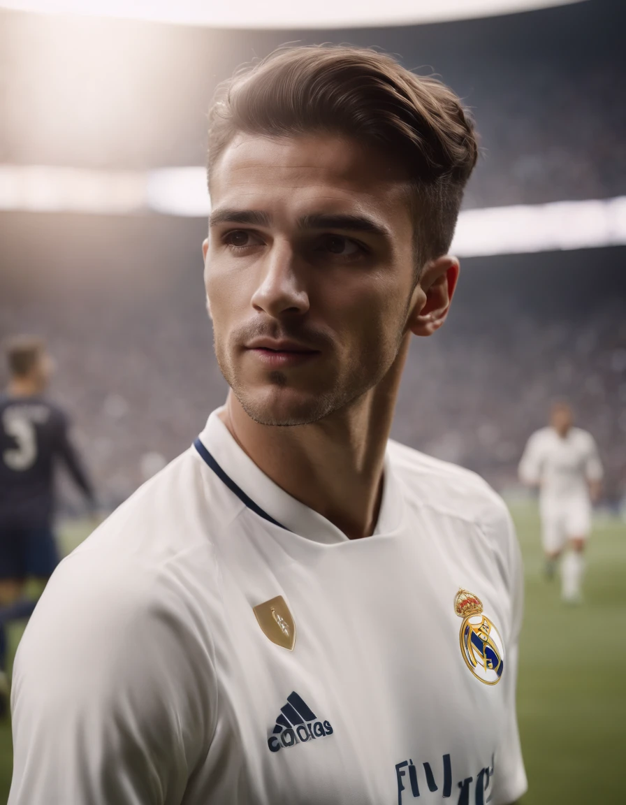 {{{Real Madrid}}}, light, {{Adidas golden line soccer jersey on white background}}, {{{best quality}}}, {{{realistic}}}, {{{Detailed facial description}}}, realistic 눈동자, {{handsome western man}}, realistic 유니폼 주름, football을 들고 있는, {{{Real Madrid}}}, {{{soccer stadium}}}, football