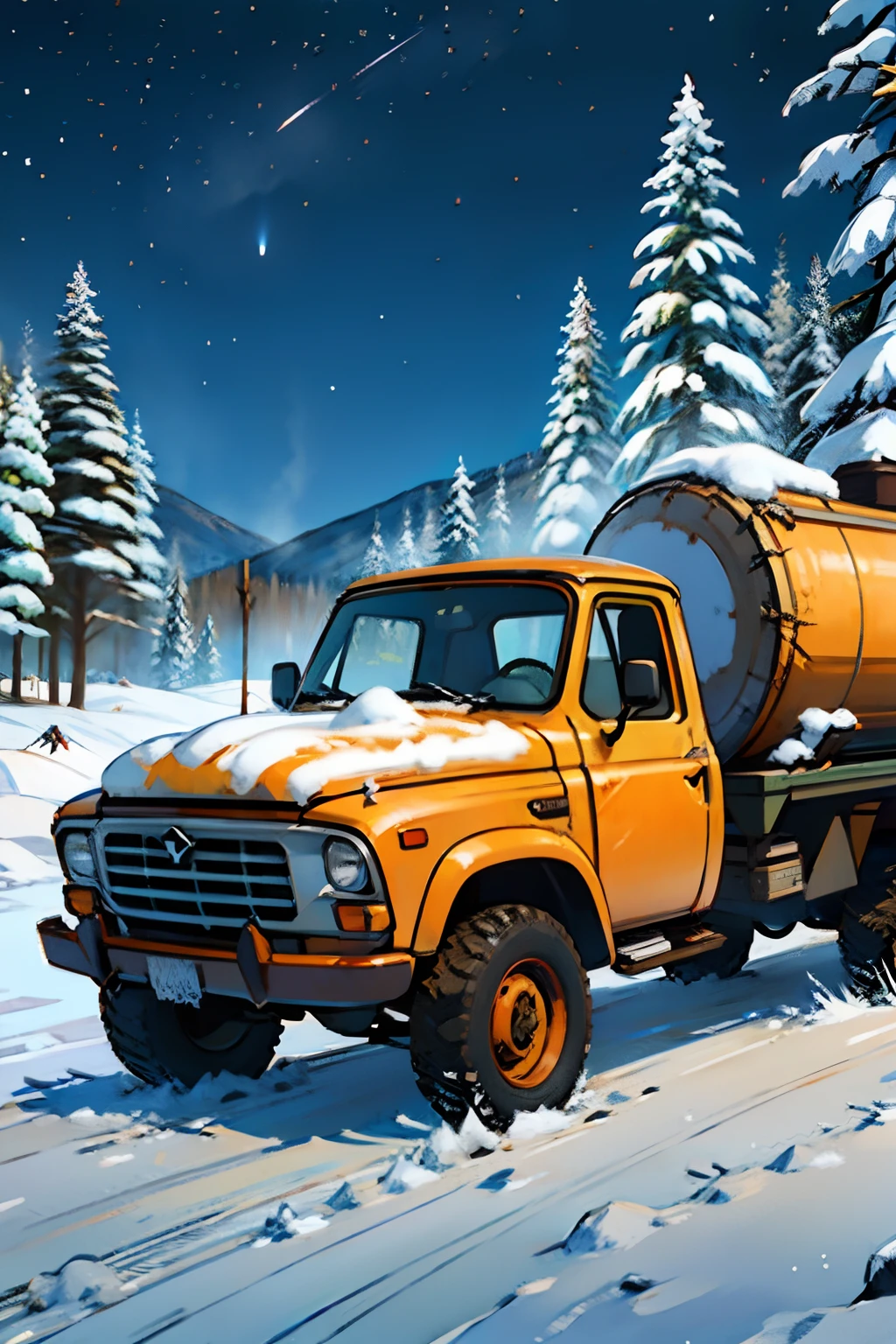 A painting of a winter landscape, pine trees, snow on ground, a rusty old truck, night time light, dark sky.