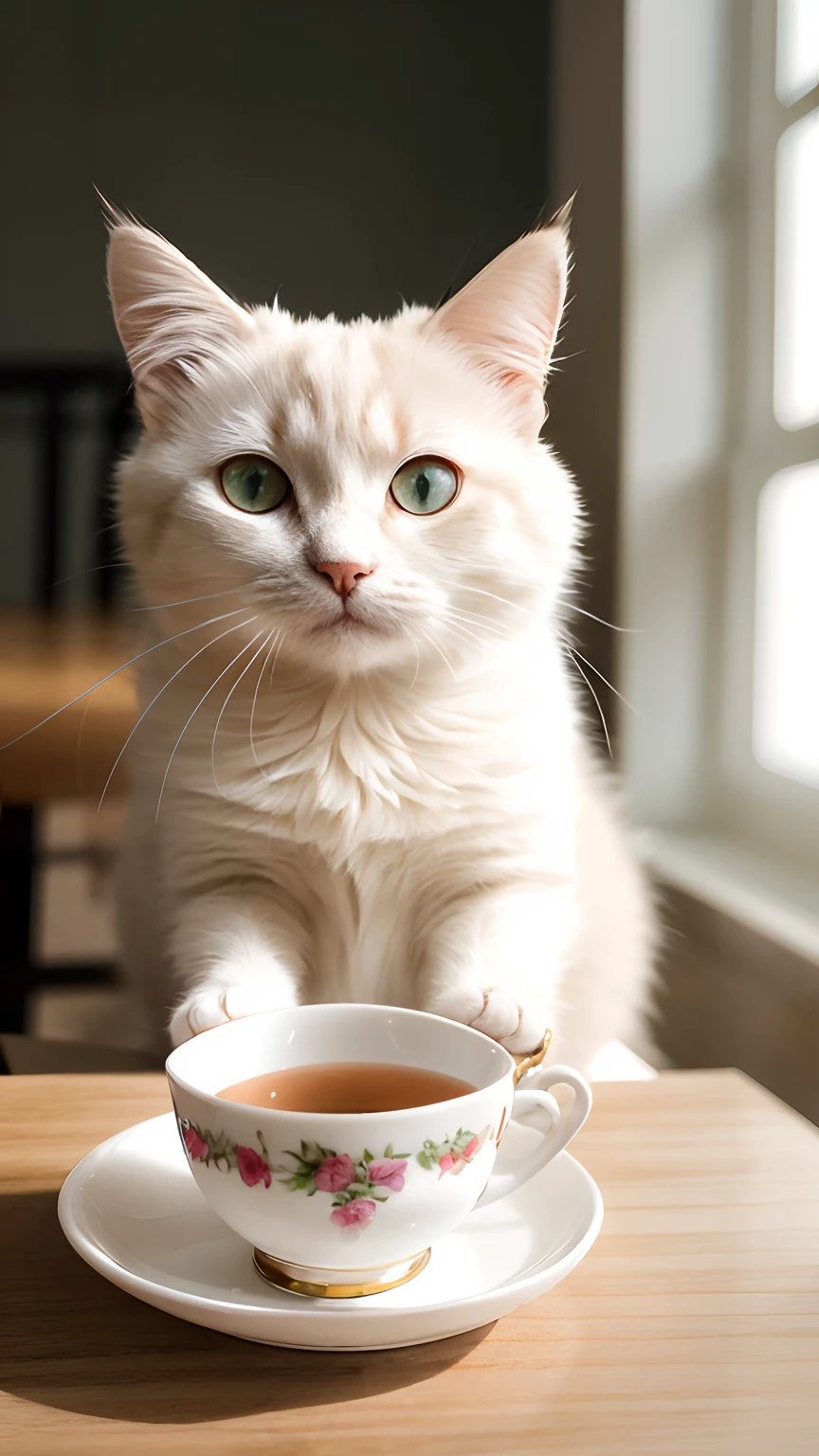 Cat, (Himalayan), (Small)))), in a teacup, Face, Front paws out, 8K, Professional photo, Delicate, Clear, On the table, Inside the house, Sunshine, Light Leak, Masterpiece, ((Pretty))), Fashionable Teacup, (Reality), Plush Toy, Round Pupils