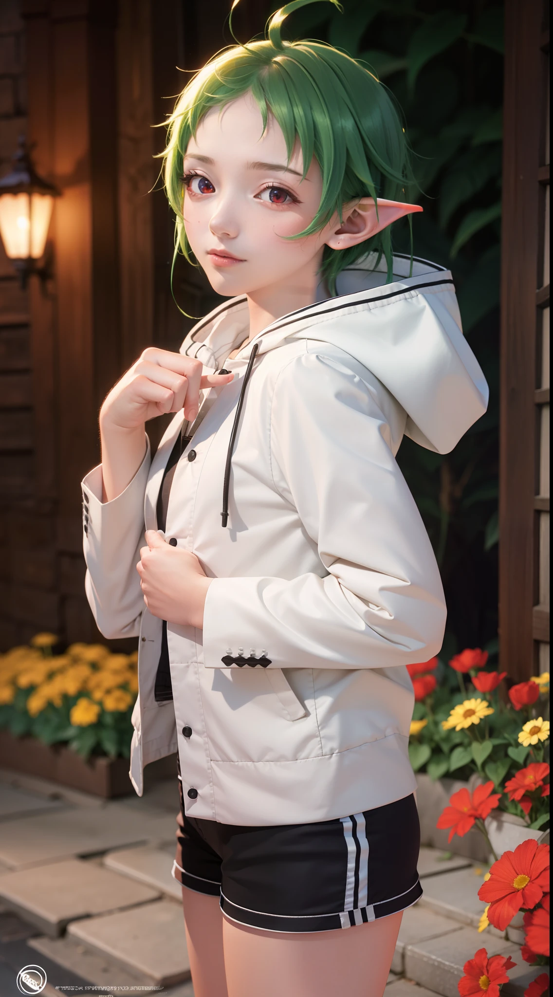 sylphiette, sylphiette, ahoge, elf, forehead, green hair, pointy ears, (red eyes:1.5), medium breast,short hair,
BREAK hood, hooded jacket, jacket, shirt, short shorts, shorts, white jacket,
BREAK looking at viewer,
BREAK outdoors, castle, garden,
BREAK (masterpiece:1.2), best quality, high resolution, unity 8k wallpaper, (illustration:0.8), (beautiful detailed eyes:1.6), extremely detailed face, perfect lighting, extremely detailed CG, (perfect hands, perfect anatomy),