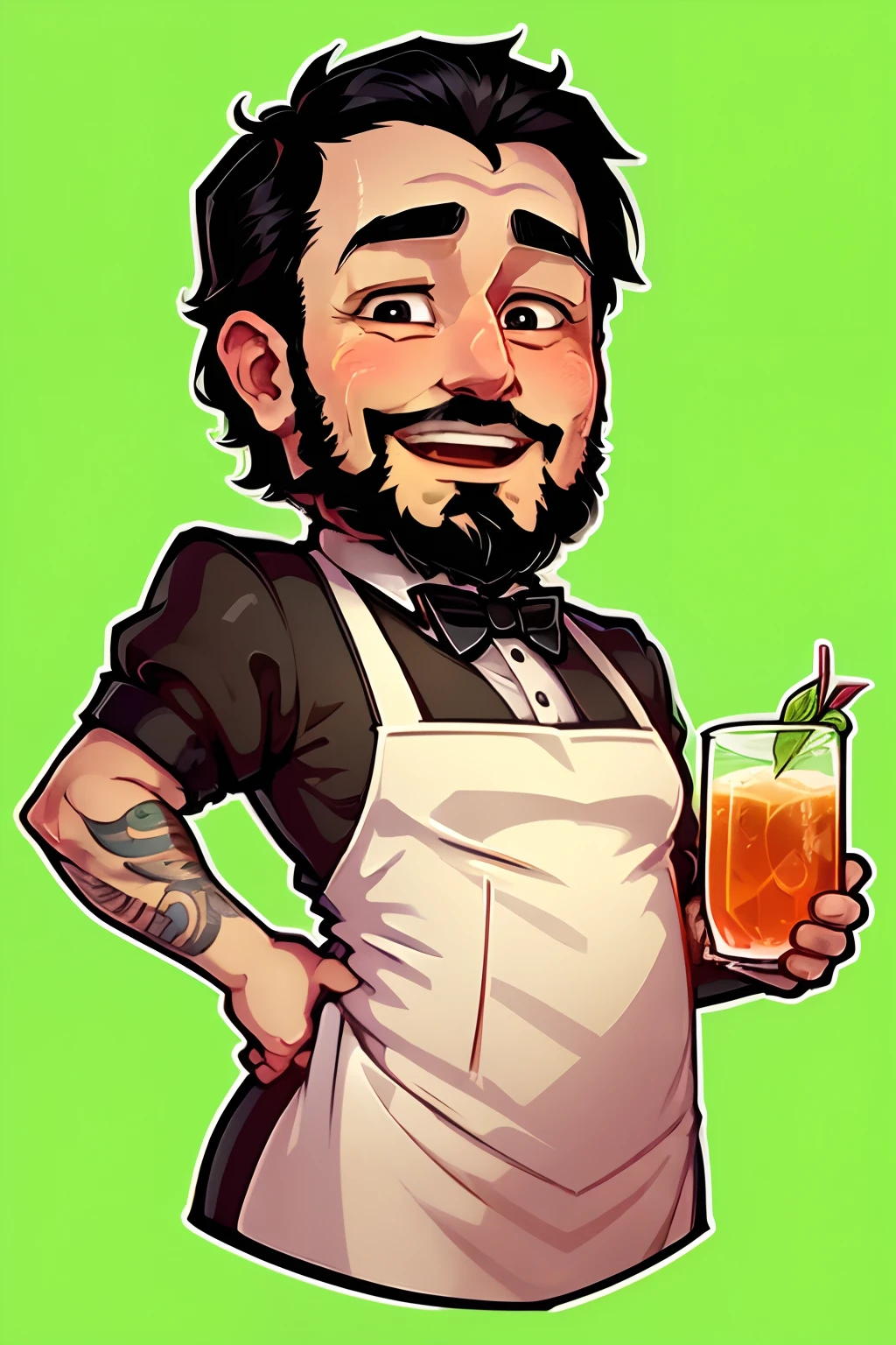 a stickers   man  who is a bartender. black short hair and beard . He has a friendly face and wears a bartender's uniform, complete with apron and bow tie. In one hand, he holds a lot money, represented with vibrant colors as laughing out loud, big eyes and a welcoming appearance. chibbi anime style. White background